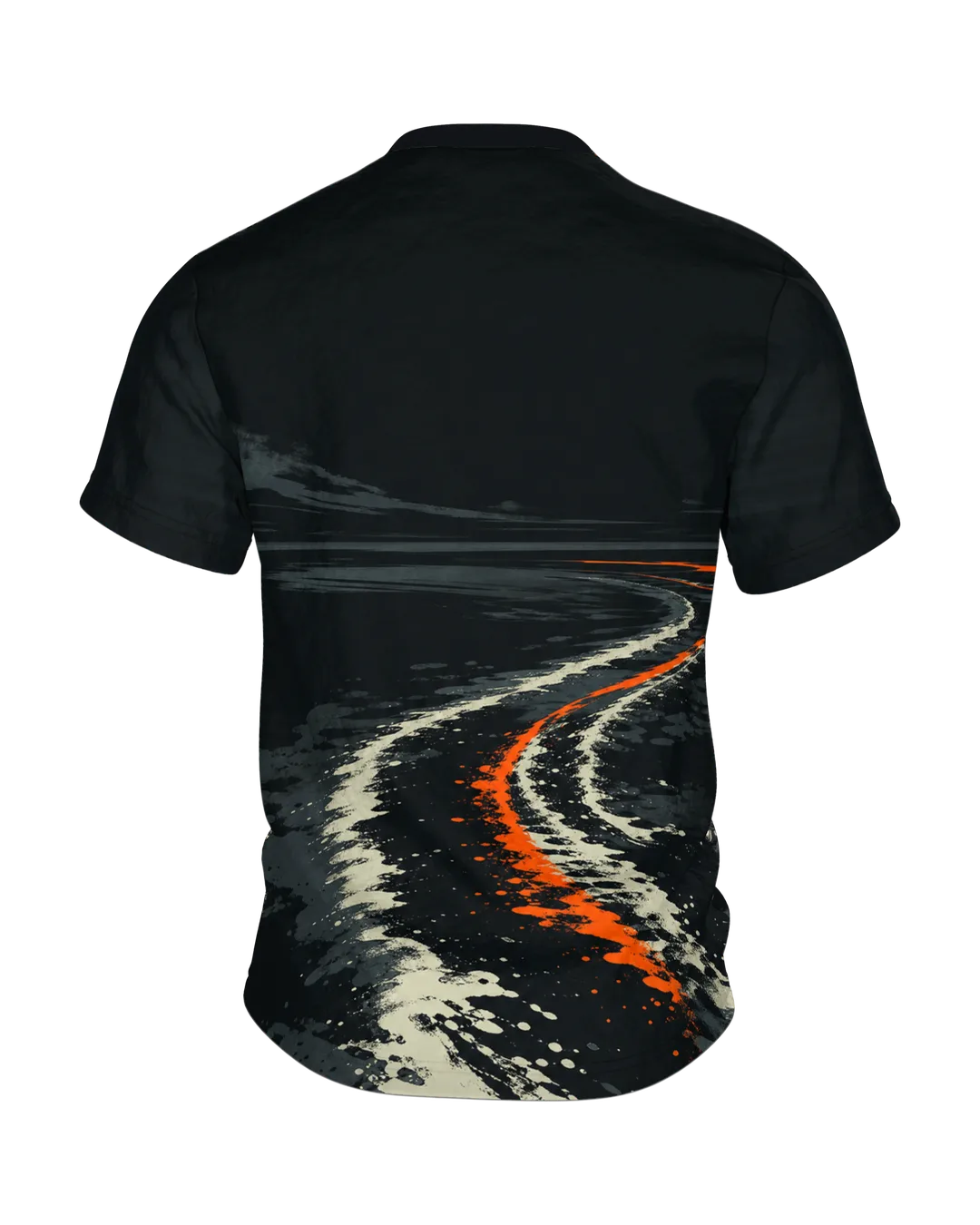 Sturmwelle T-Shirt: Yacht und Haiflosse unter roter Sonne, Rückseite