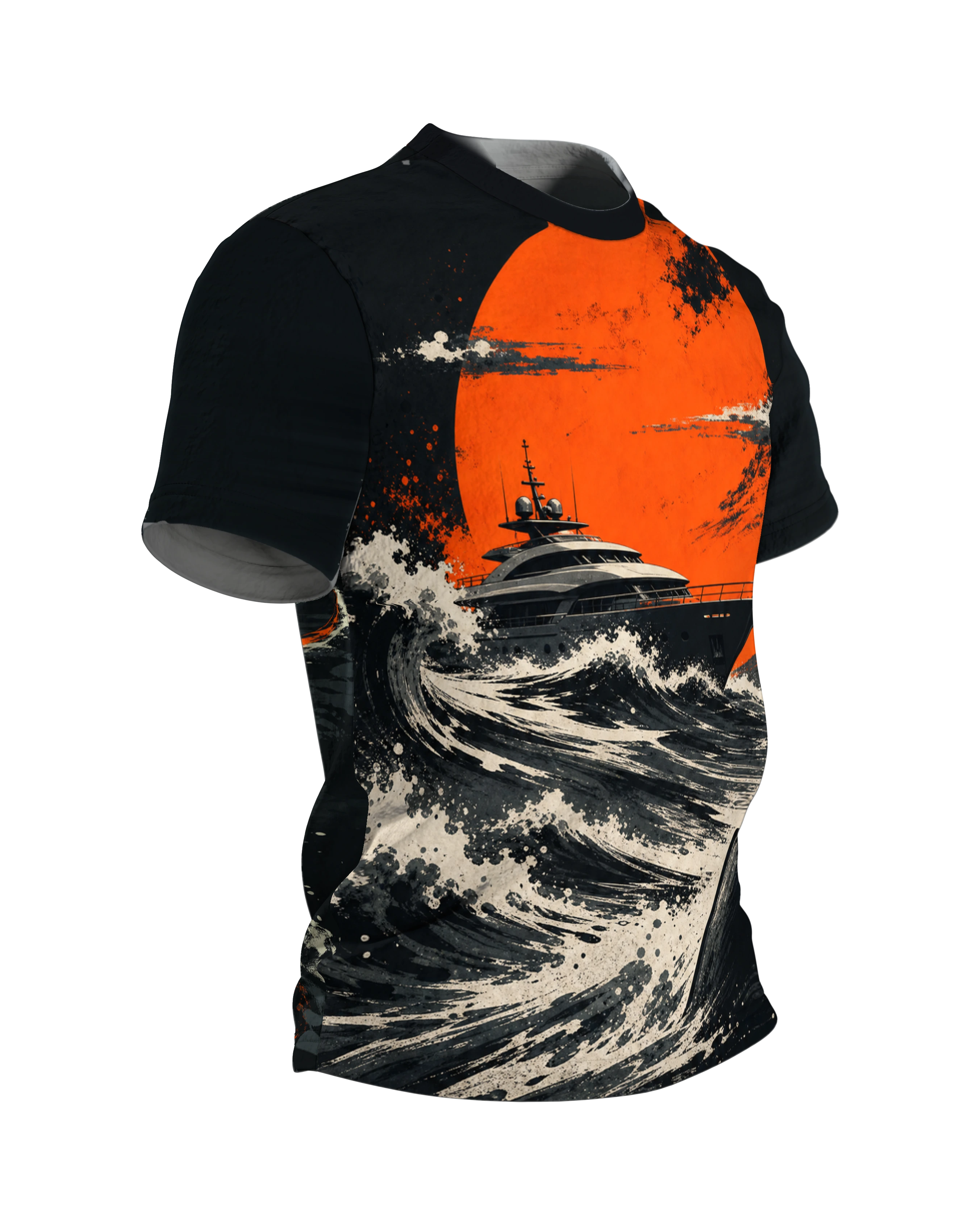 Sturmwelle T-Shirt: Yacht und Haiflosse unter roter Sonne, Seitenansicht links