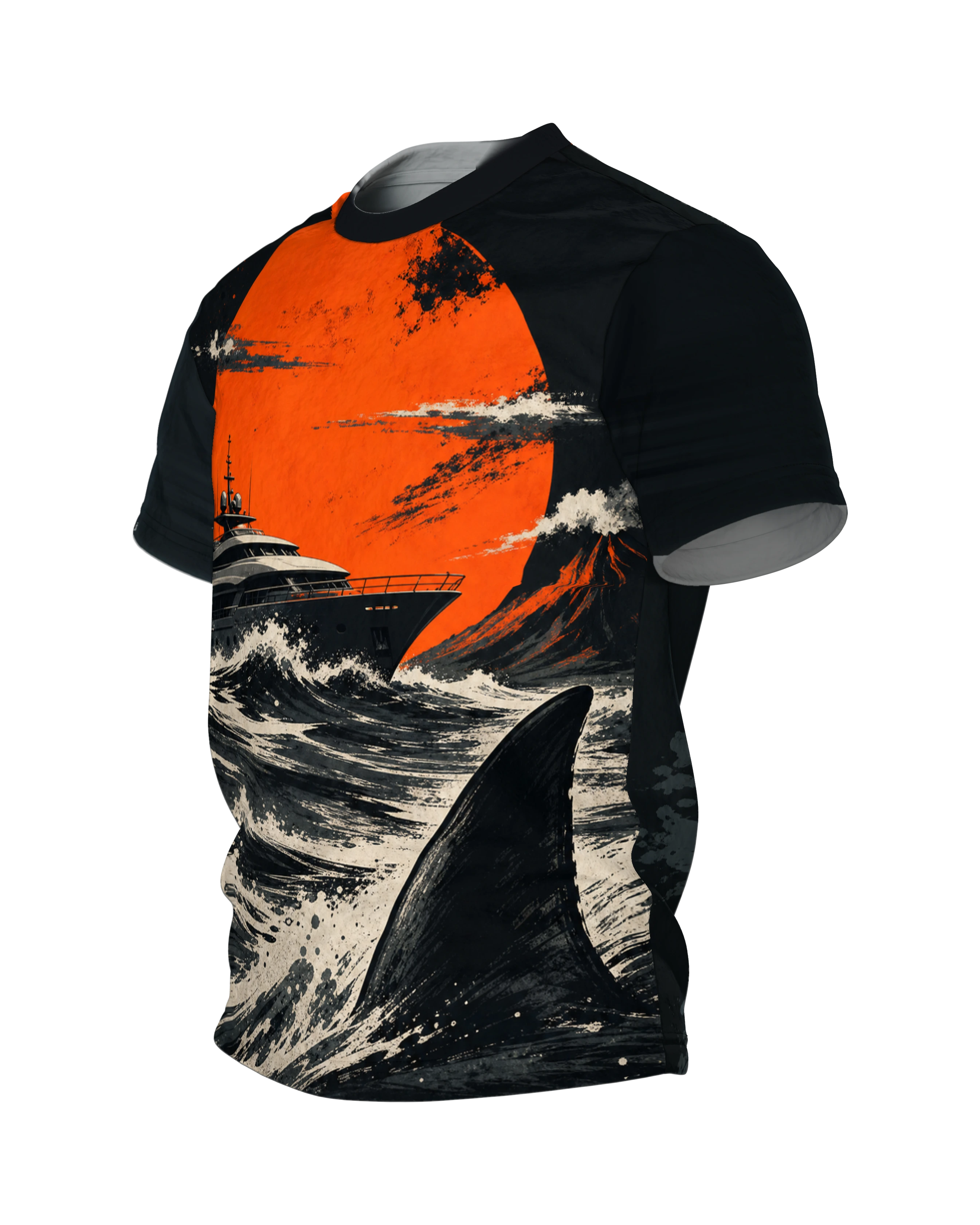 Sturmwelle T-Shirt: Yacht und Haiflosse unter roter Sonne, Seitenansicht rechts
