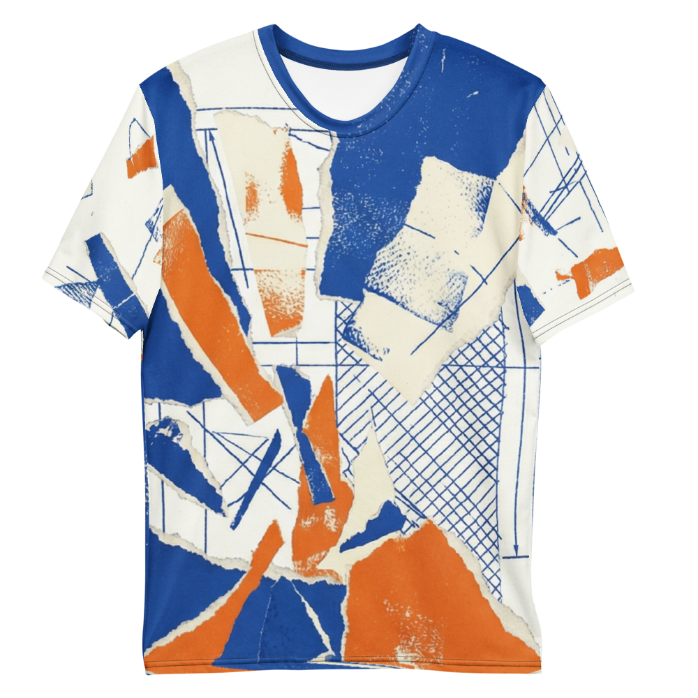 Blaupausen-Collage T-Shirt – Kobaltblau & Orange