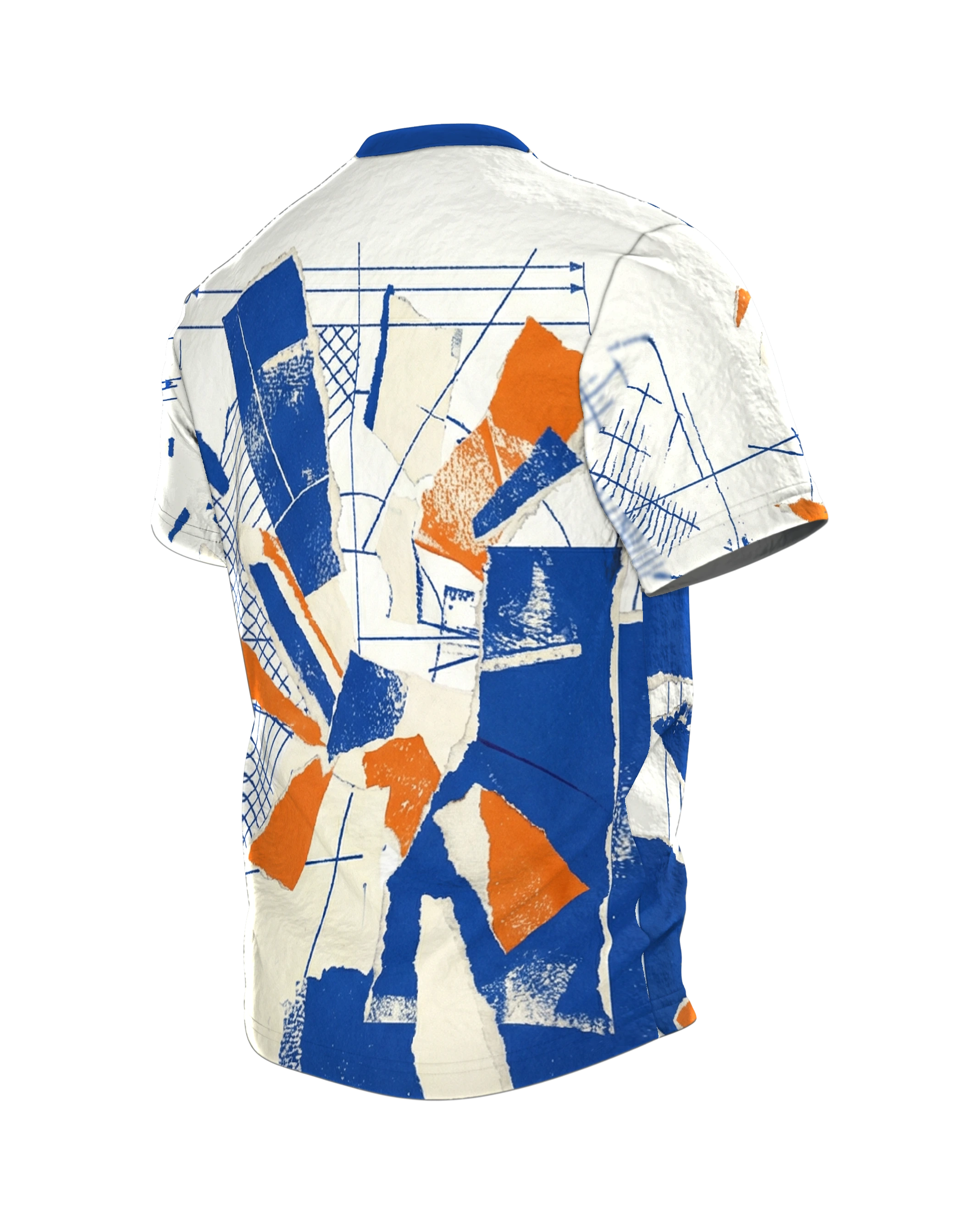 Kobalt-Collage T-Shirt, gerissene Papierflächen über Konstruktionsraster in Blau Orange, Rückseite schräg links