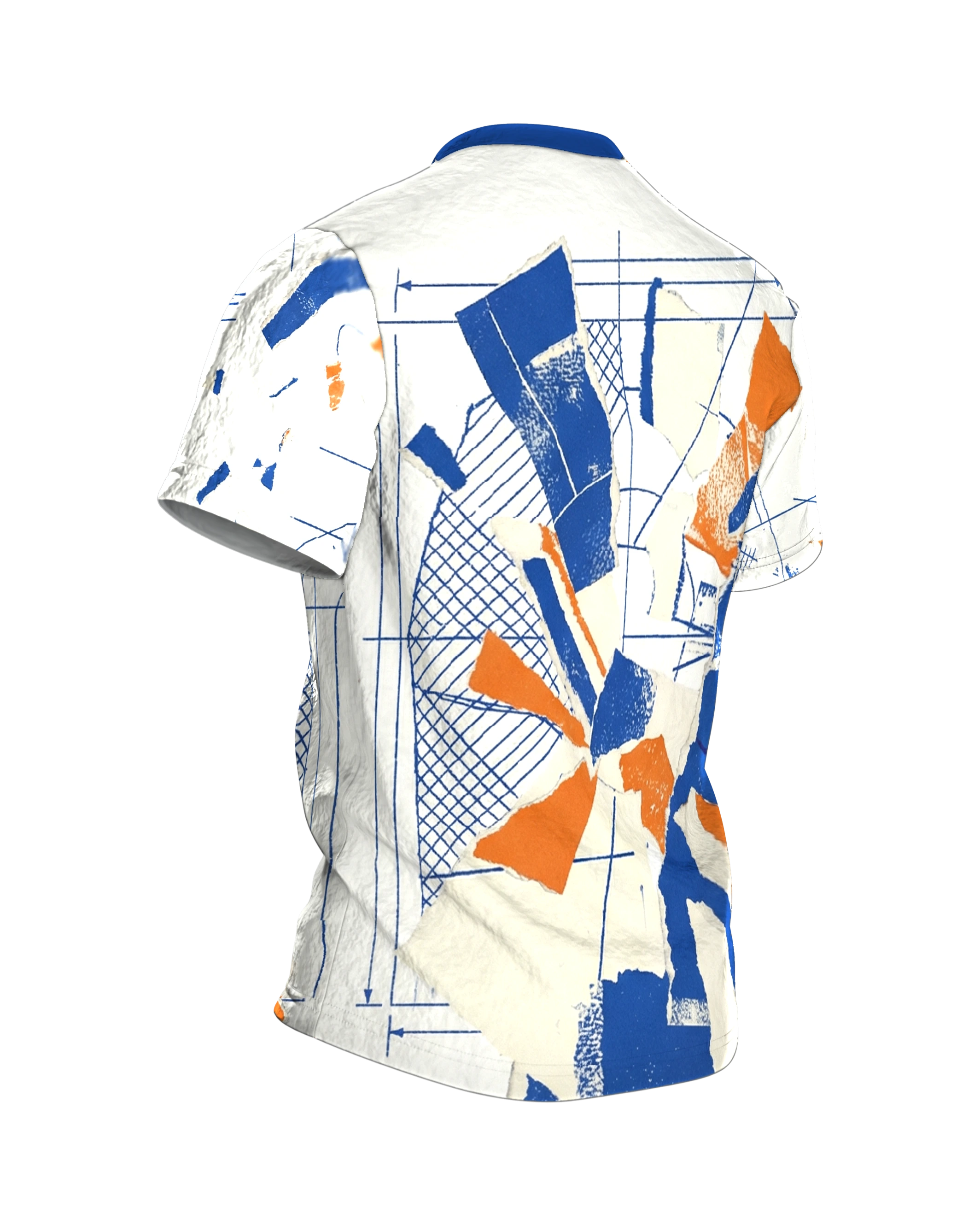 Kobalt-Collage T-Shirt, gerissene Papierflächen über Konstruktionsraster in Blau Orange, Rückseite schräg rechts