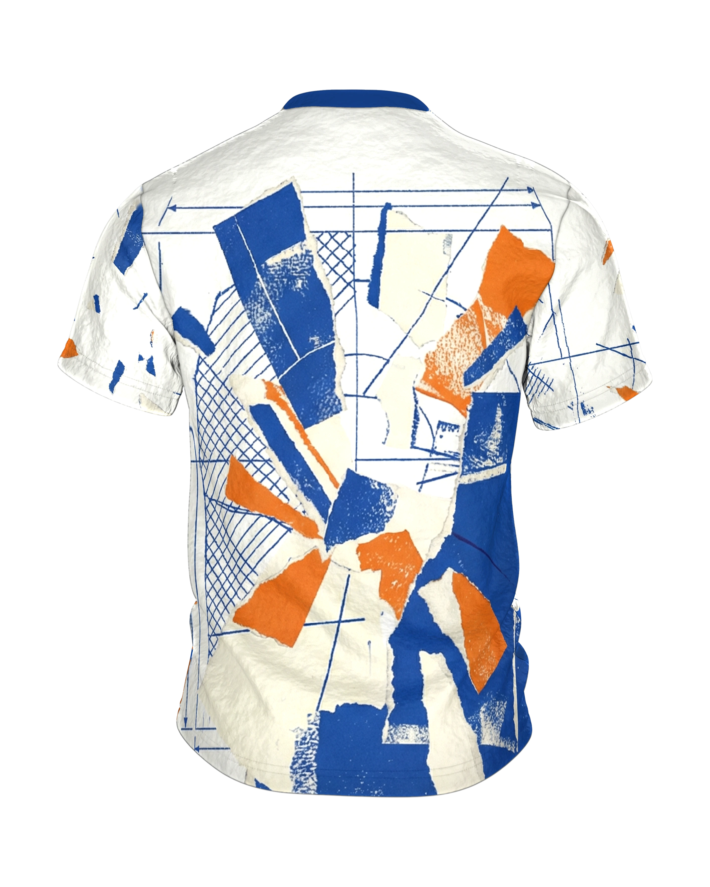 Kobalt-Collage T-Shirt, gerissene Papierflächen über Konstruktionsraster in Blau Orange, Rückseite