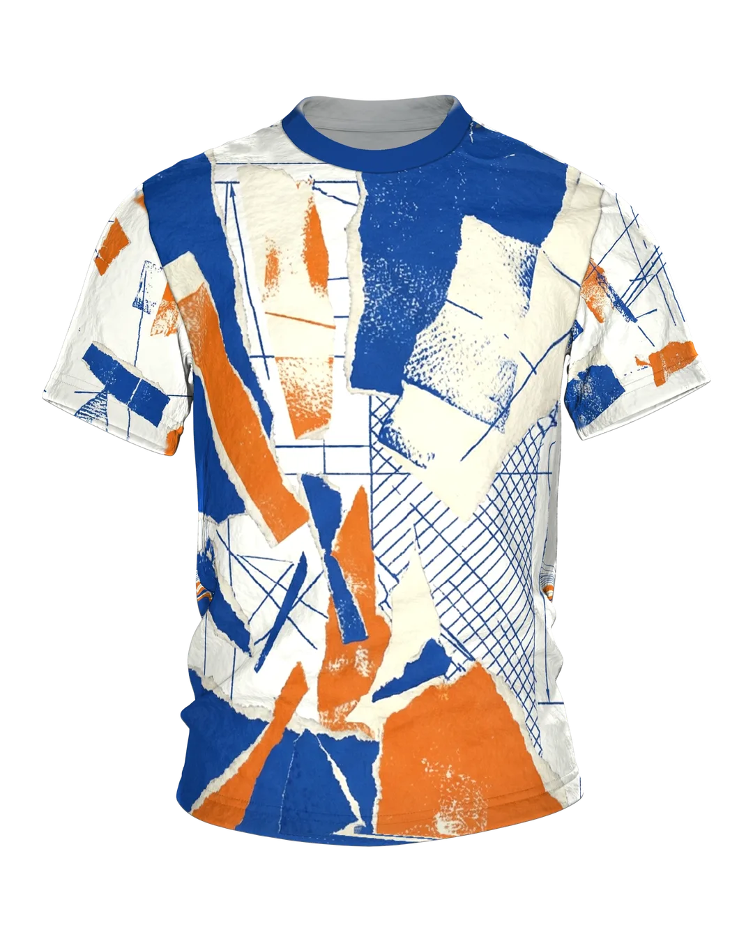 Kobalt-Collage T-Shirt, gerissene Papierflächen über Konstruktionsraster in Blau Orange
