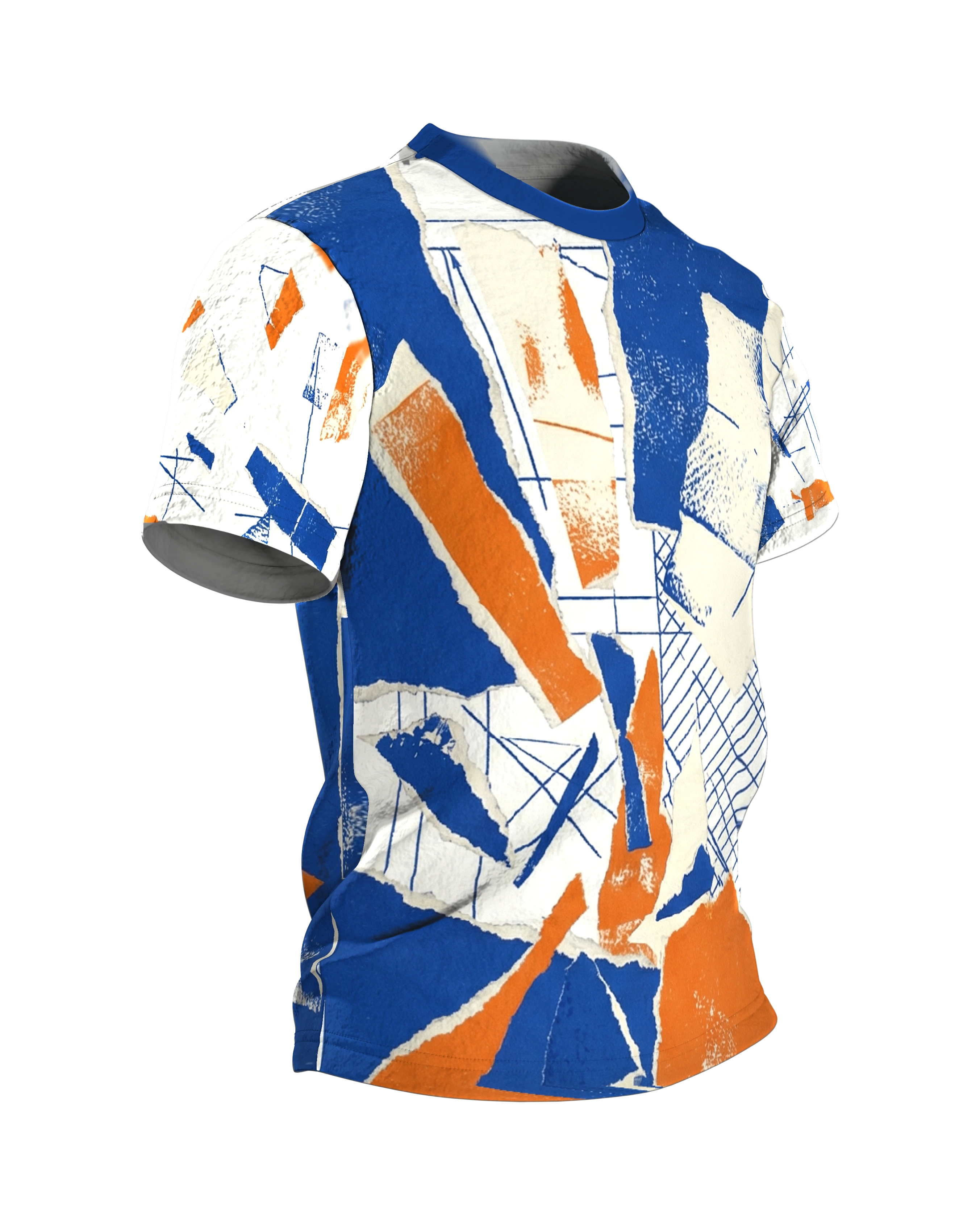 Kobalt-Collage T-Shirt, gerissene Papierflächen über Konstruktionsraster in Blau Orange, Seitenansicht links