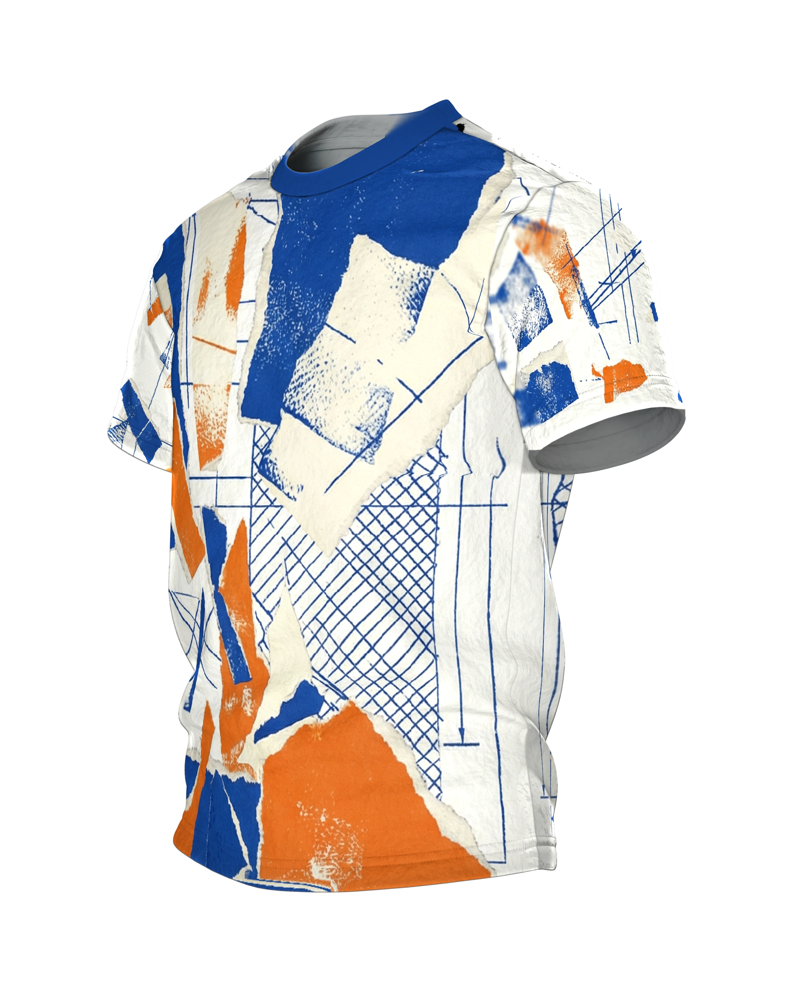 Kobalt-Collage T-Shirt, gerissene Papierflächen über Konstruktionsraster in Blau Orange, Seitenansicht rechts