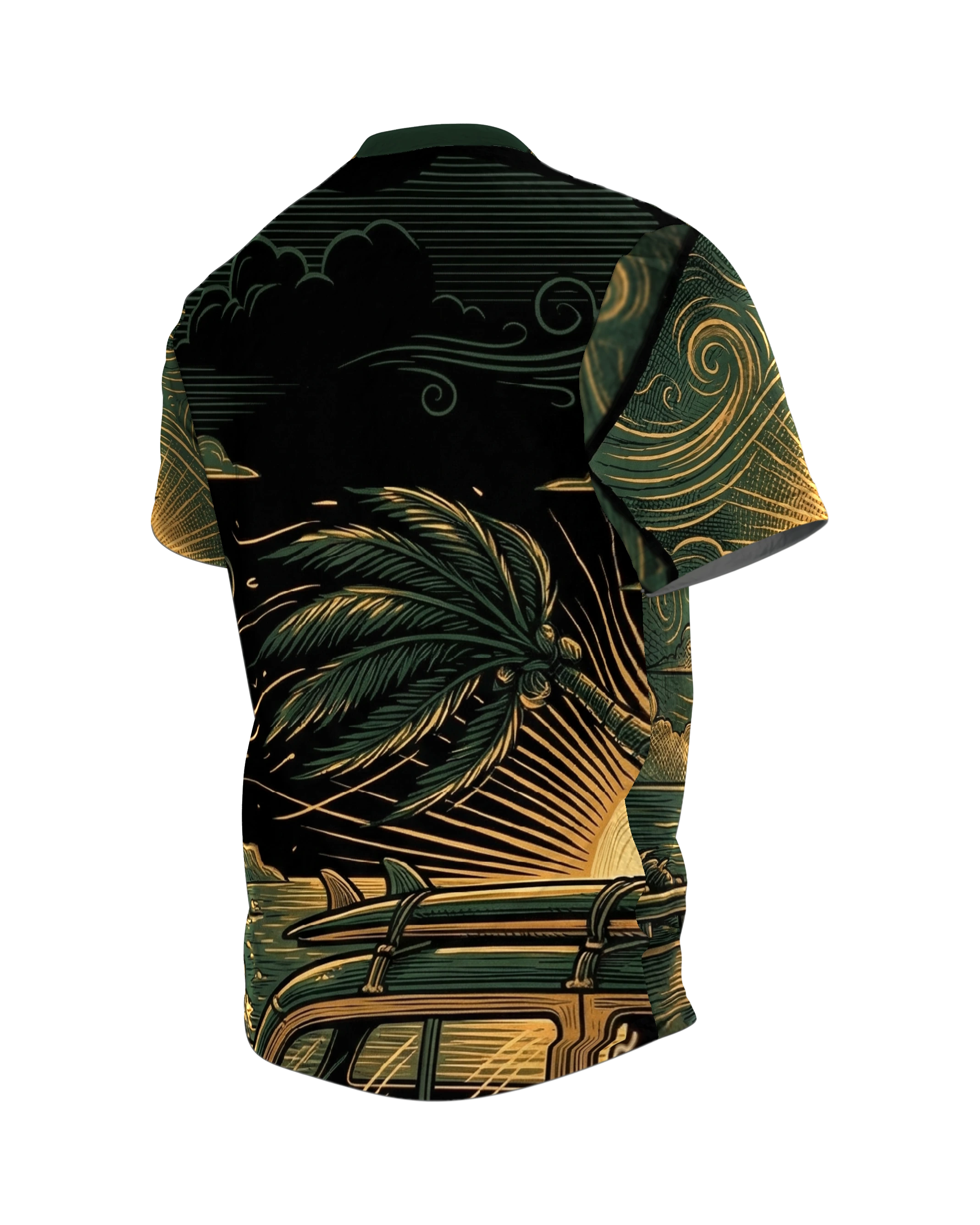Retro Surf-Wagon T-Shirt: Woody-Kombi auf der Küstenstraße, Rückseite schräg links