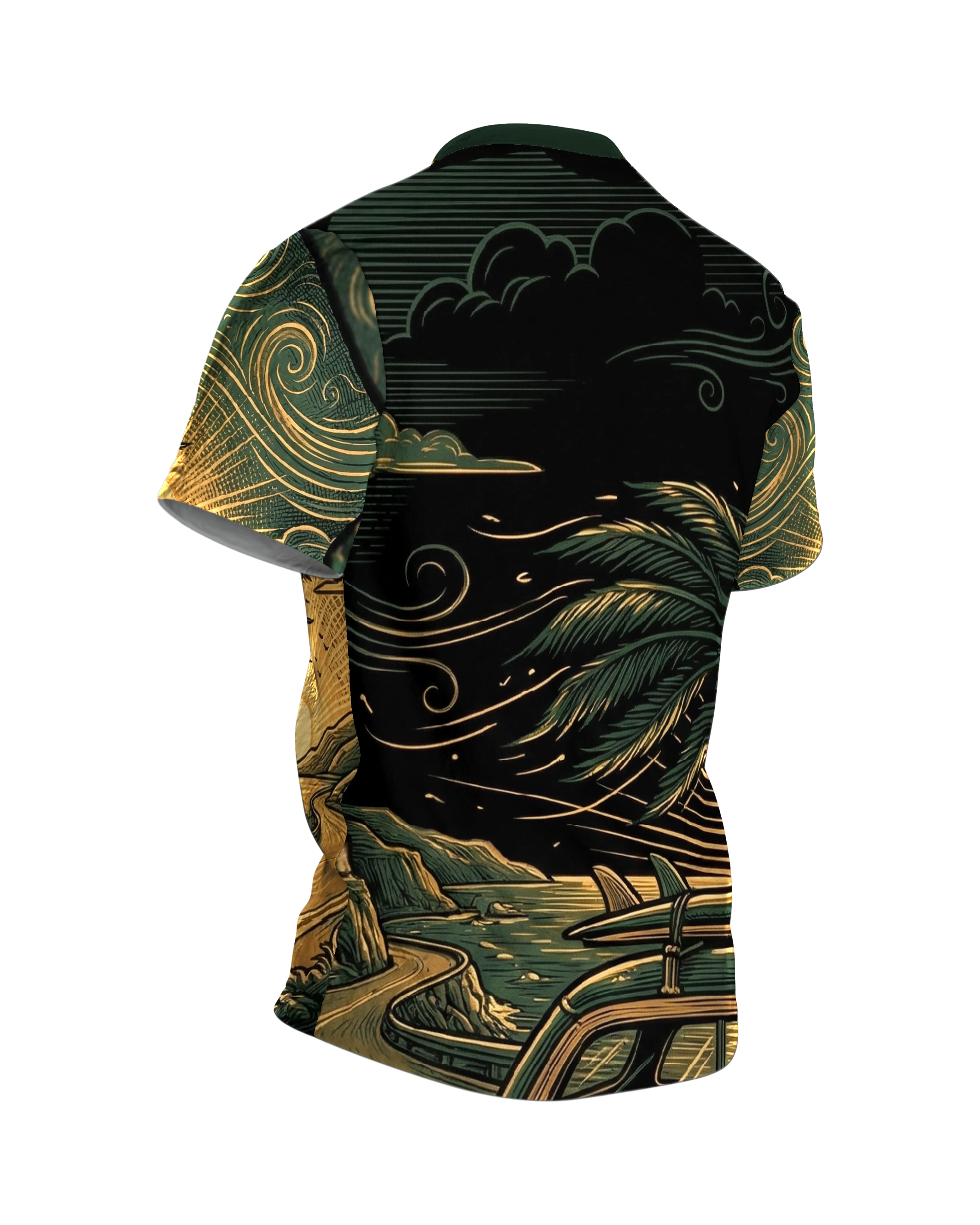 Retro Surf-Wagon T-Shirt: Woody-Kombi auf der Küstenstraße, Rückseite schräg rechts