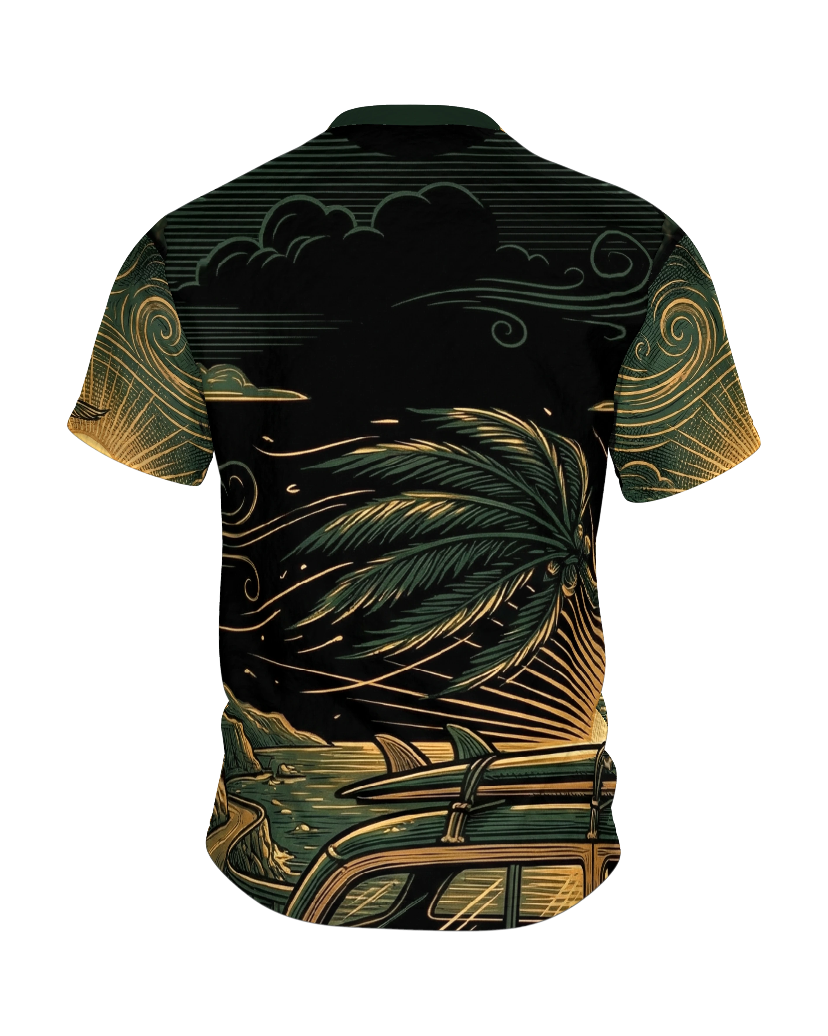 Retro Surf-Wagon T-Shirt: Woody-Kombi auf der Küstenstraße, Rückseite