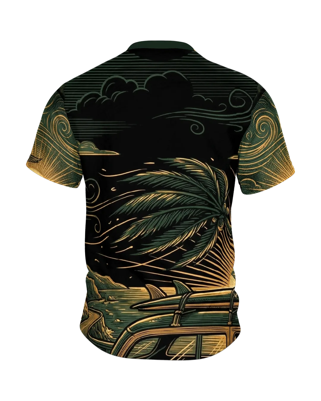 Retro Surf-Wagon T-Shirt: Woody-Kombi auf der Küstenstraße, Rückseite