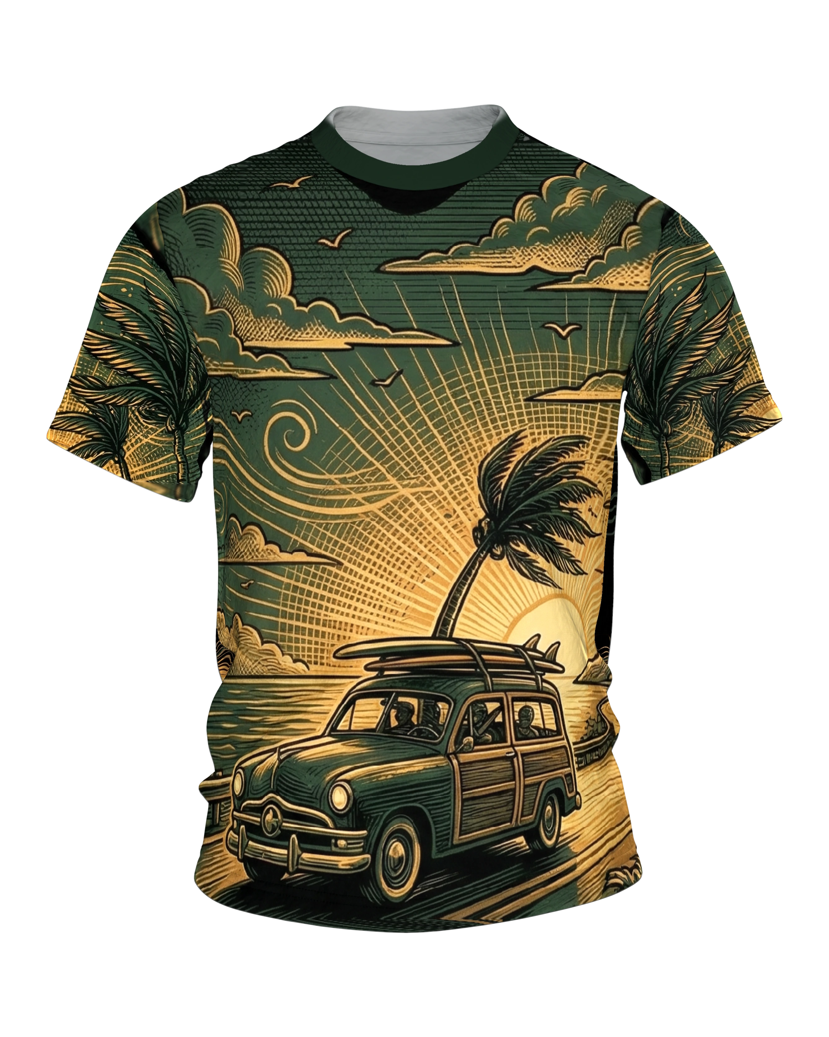 Retro Surf-Wagon T-Shirt: Woody-Kombi auf der Küstenstraße