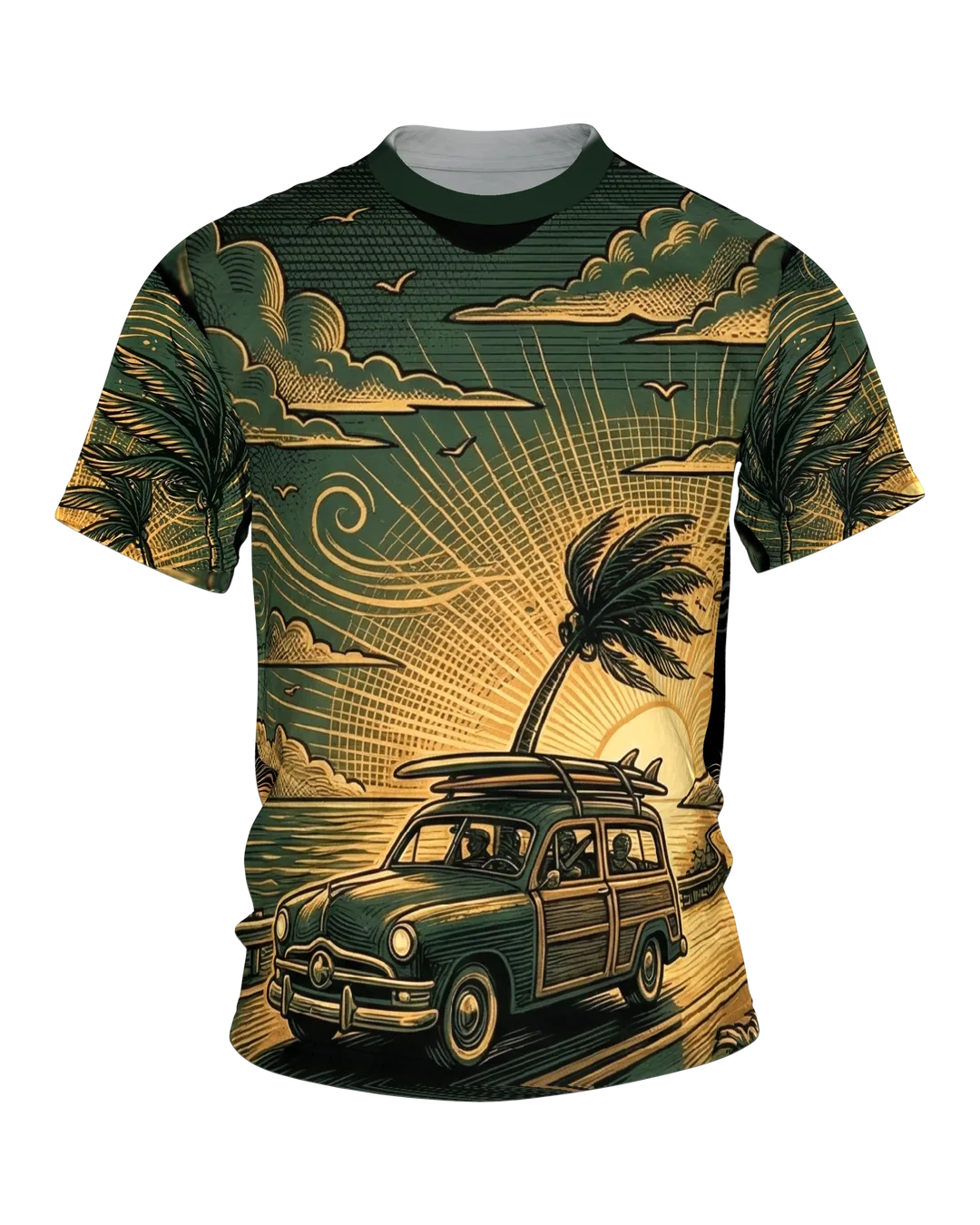 Retro Surf-Wagon T-Shirt: Woody-Kombi auf der Küstenstraße