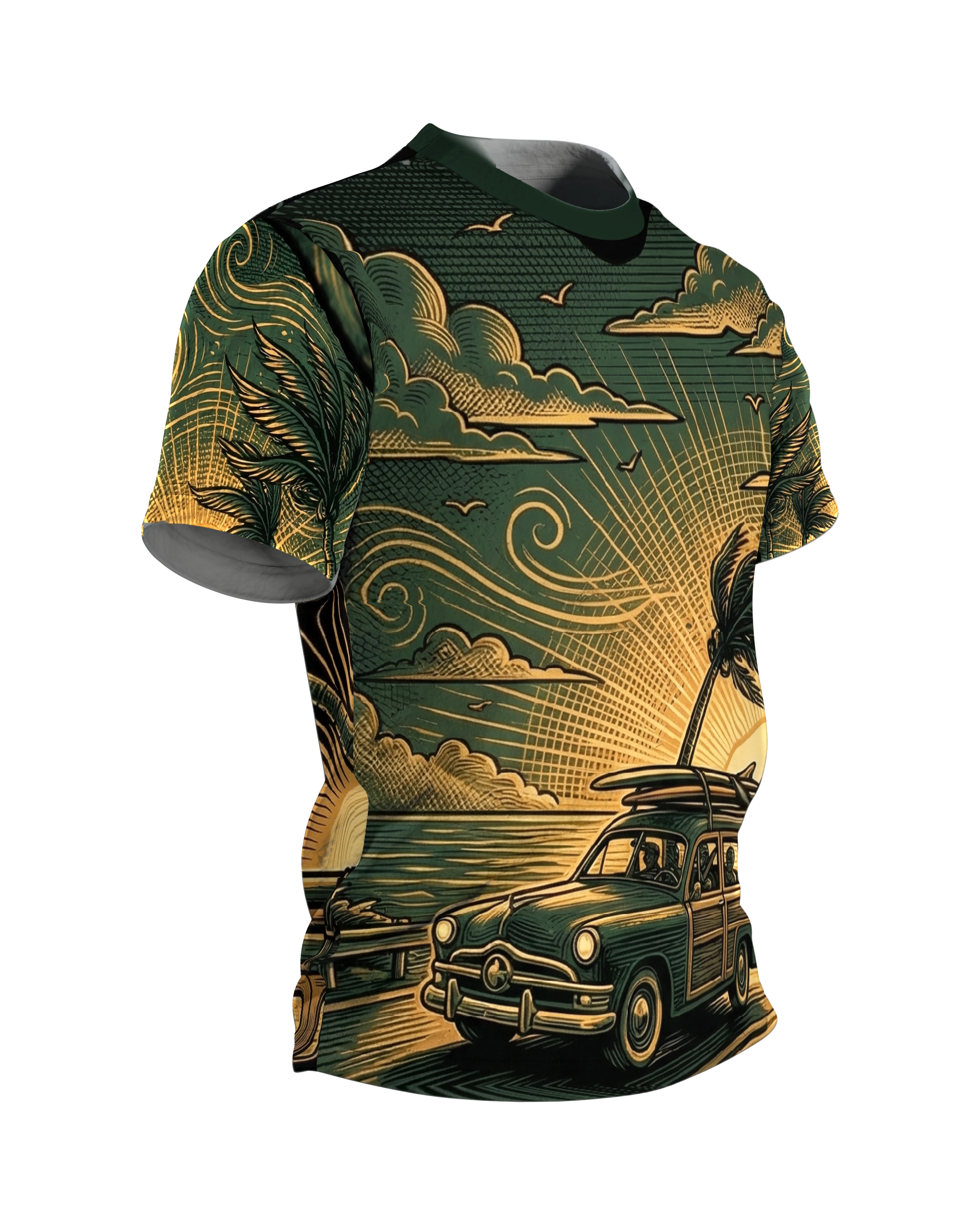 Retro Surf-Wagon T-Shirt: Woody-Kombi auf der Küstenstraße, Seitenansicht links