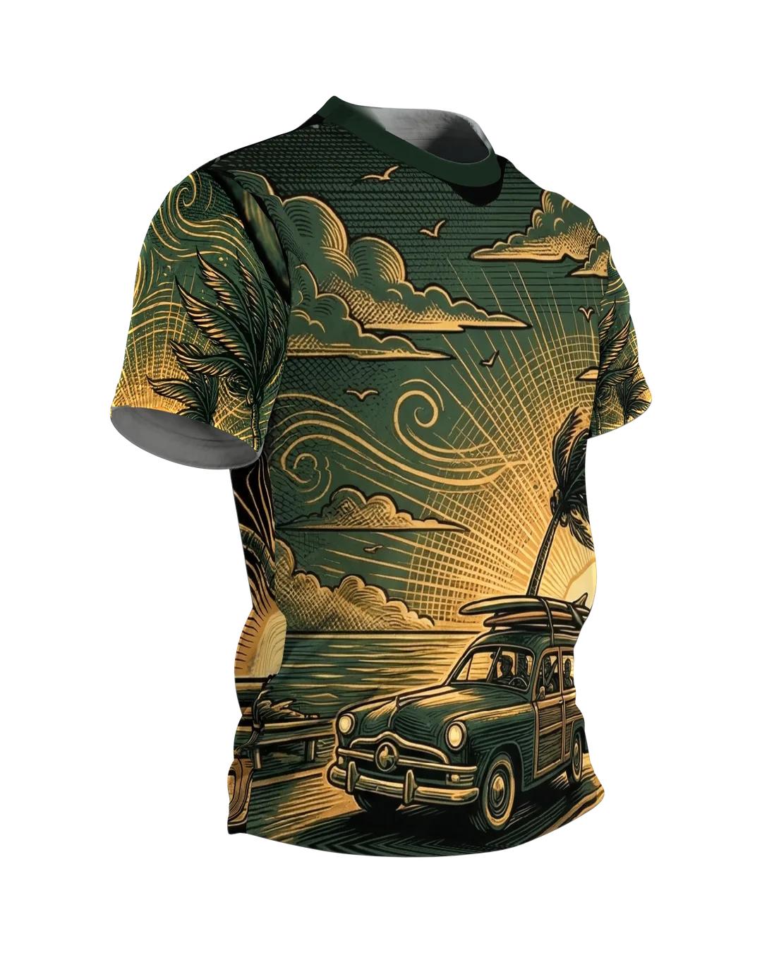 Retro Surf-Wagon T-Shirt: Woody-Kombi auf der Küstenstraße, Seitenansicht links