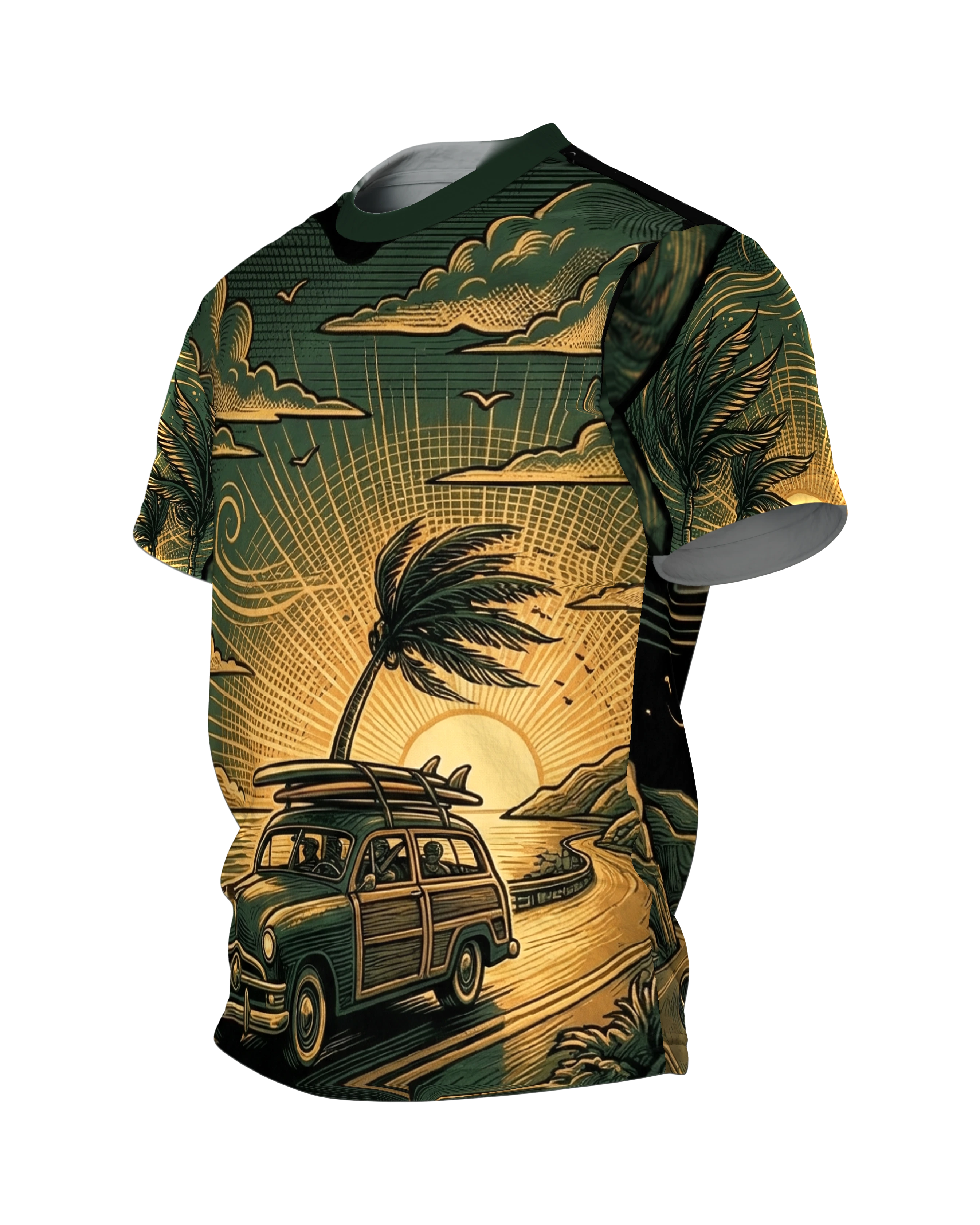 Retro Surf-Wagon T-Shirt: Woody-Kombi auf der Küstenstraße, Seitenansicht rechts