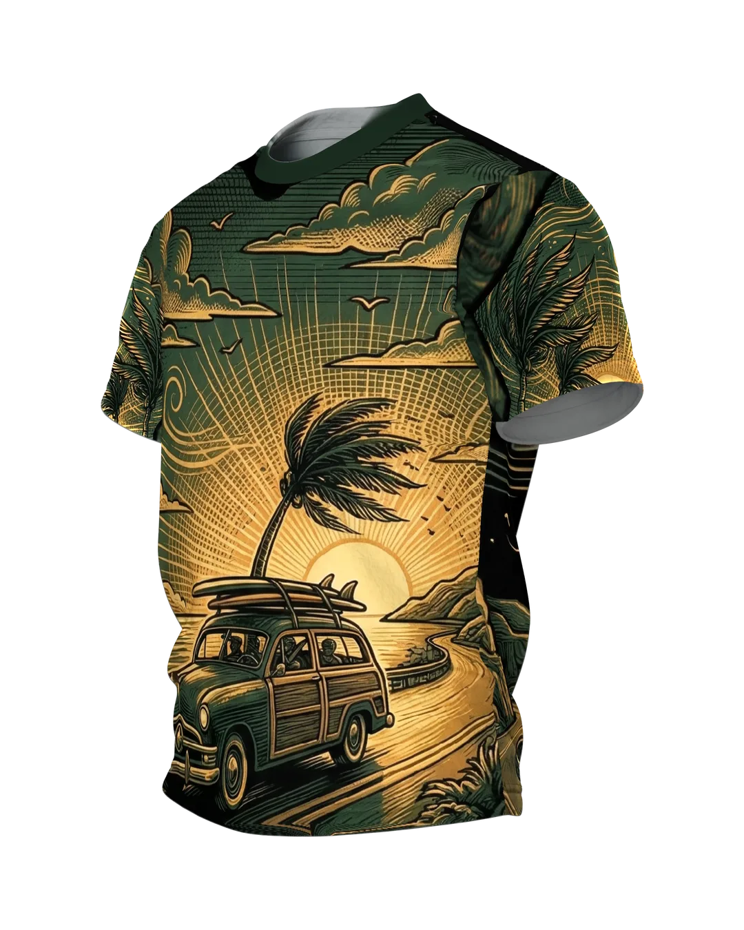 Retro Surf-Wagon T-Shirt: Woody-Kombi auf der Küstenstraße, Seitenansicht rechts