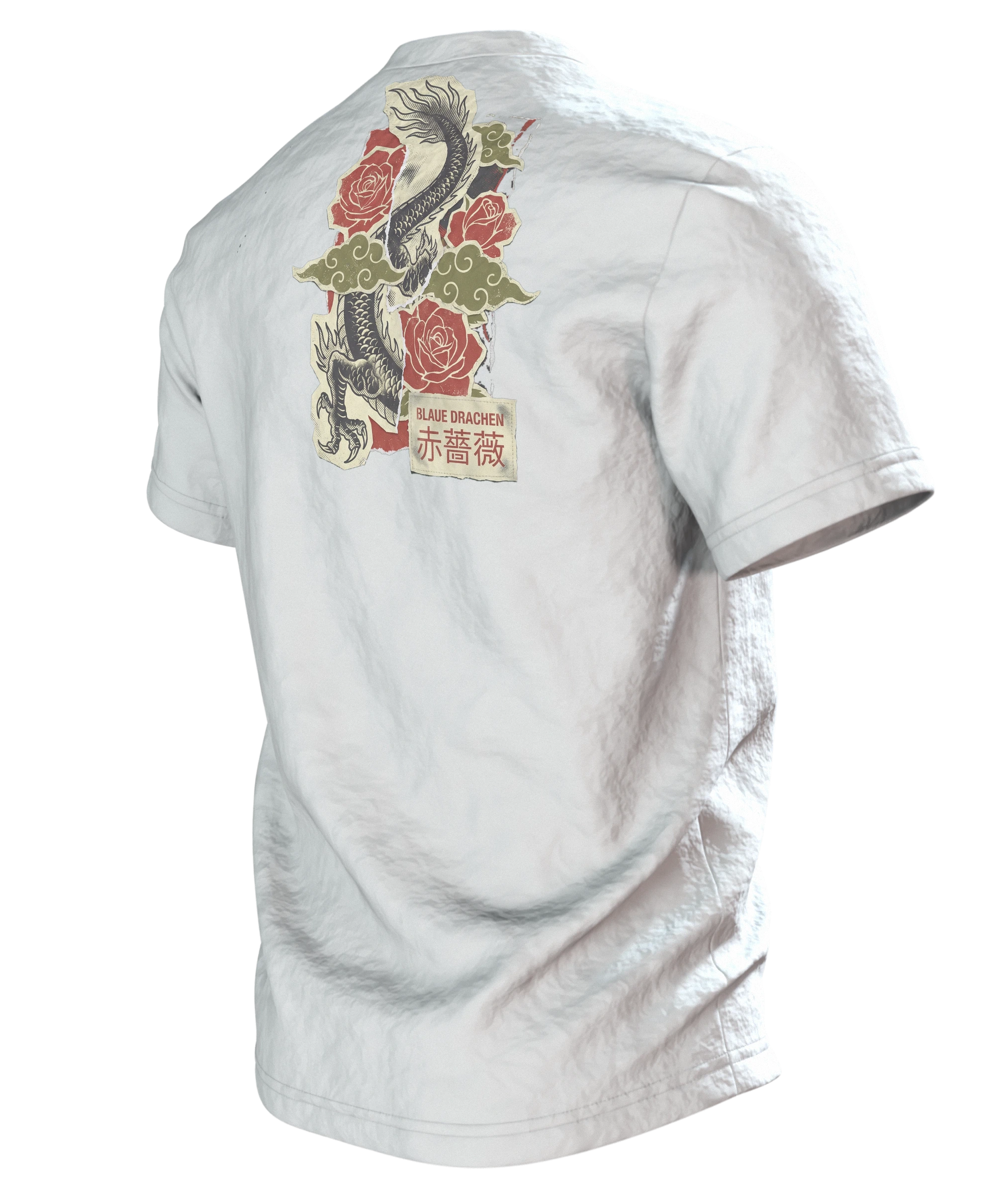 "Blaue Drachen Roten Rosen" T-Shirt: Asiatischer Drache im Vintage-Print, Rückseite schräg links