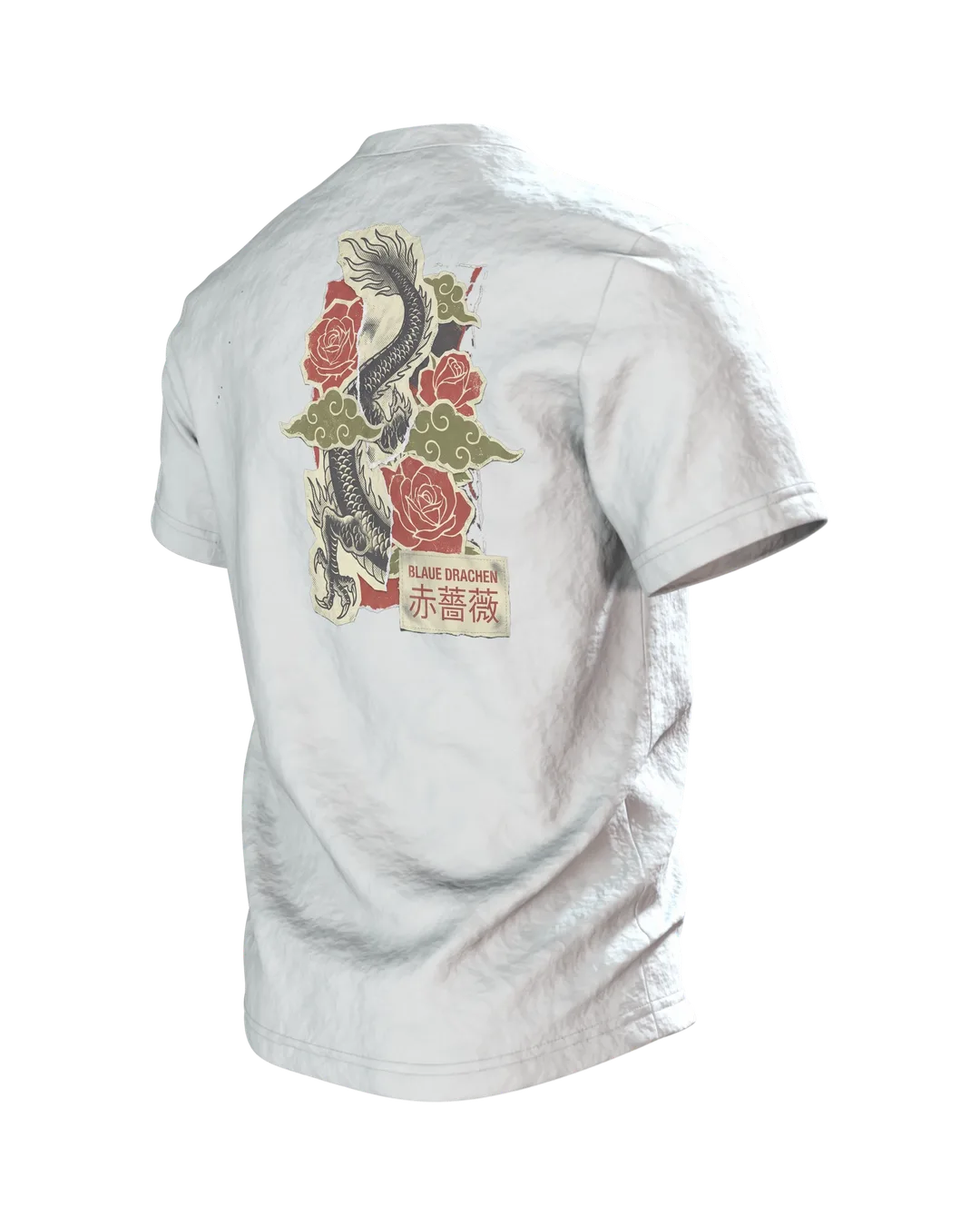 "Blaue Drachen Roten Rosen" T-Shirt: Asiatischer Drache im Vintage-Print, Rückseite schräg links