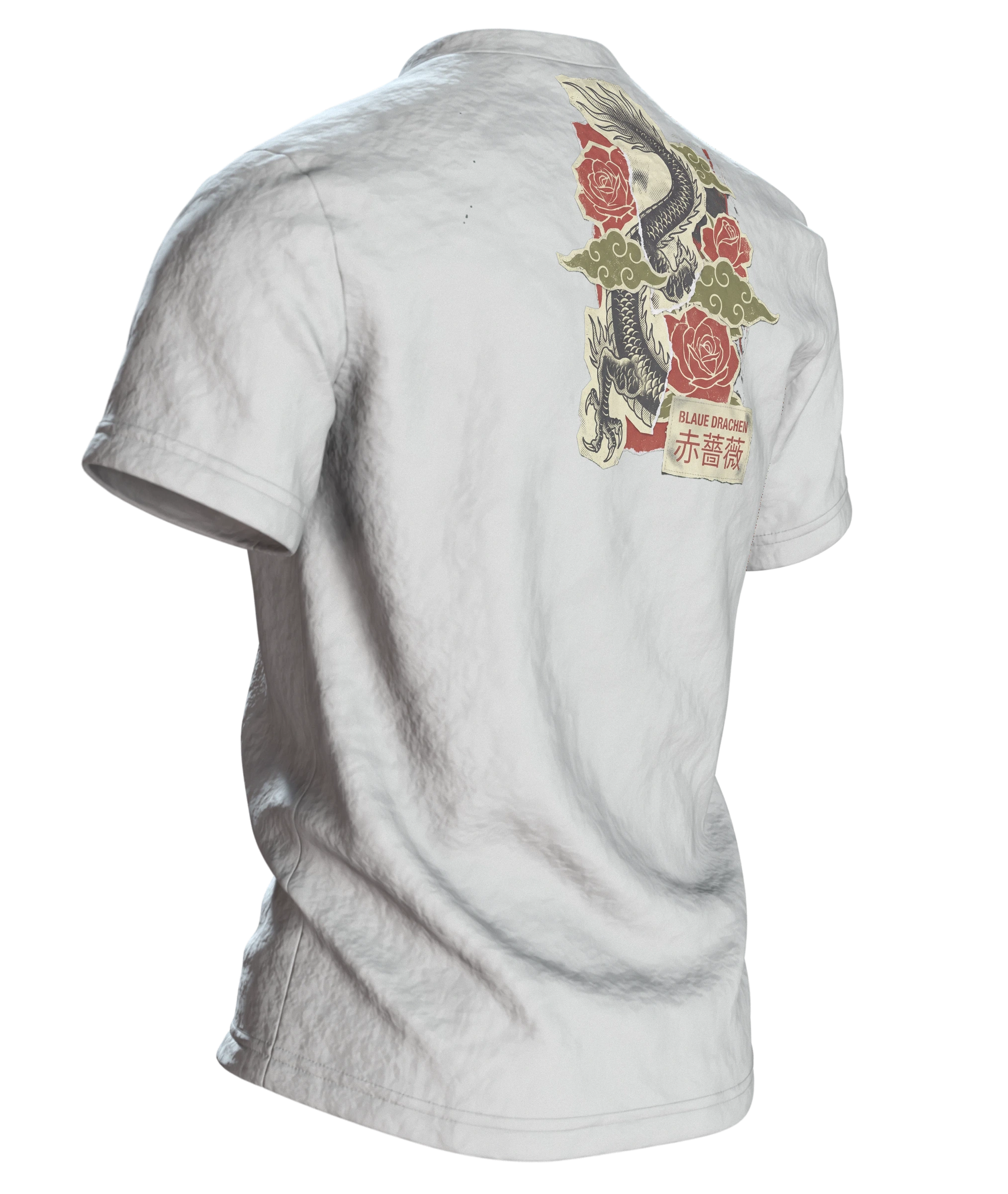 "Blaue Drachen Roten Rosen" T-Shirt: Asiatischer Drache im Vintage-Print, Rückseite schräg rechts