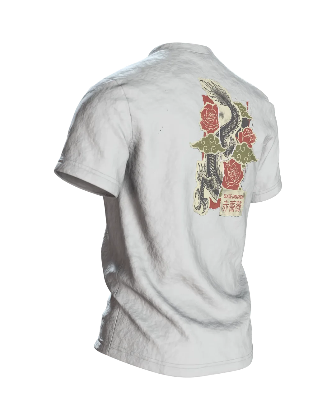 "Blaue Drachen Roten Rosen" T-Shirt: Asiatischer Drache im Vintage-Print, Rückseite schräg rechts
