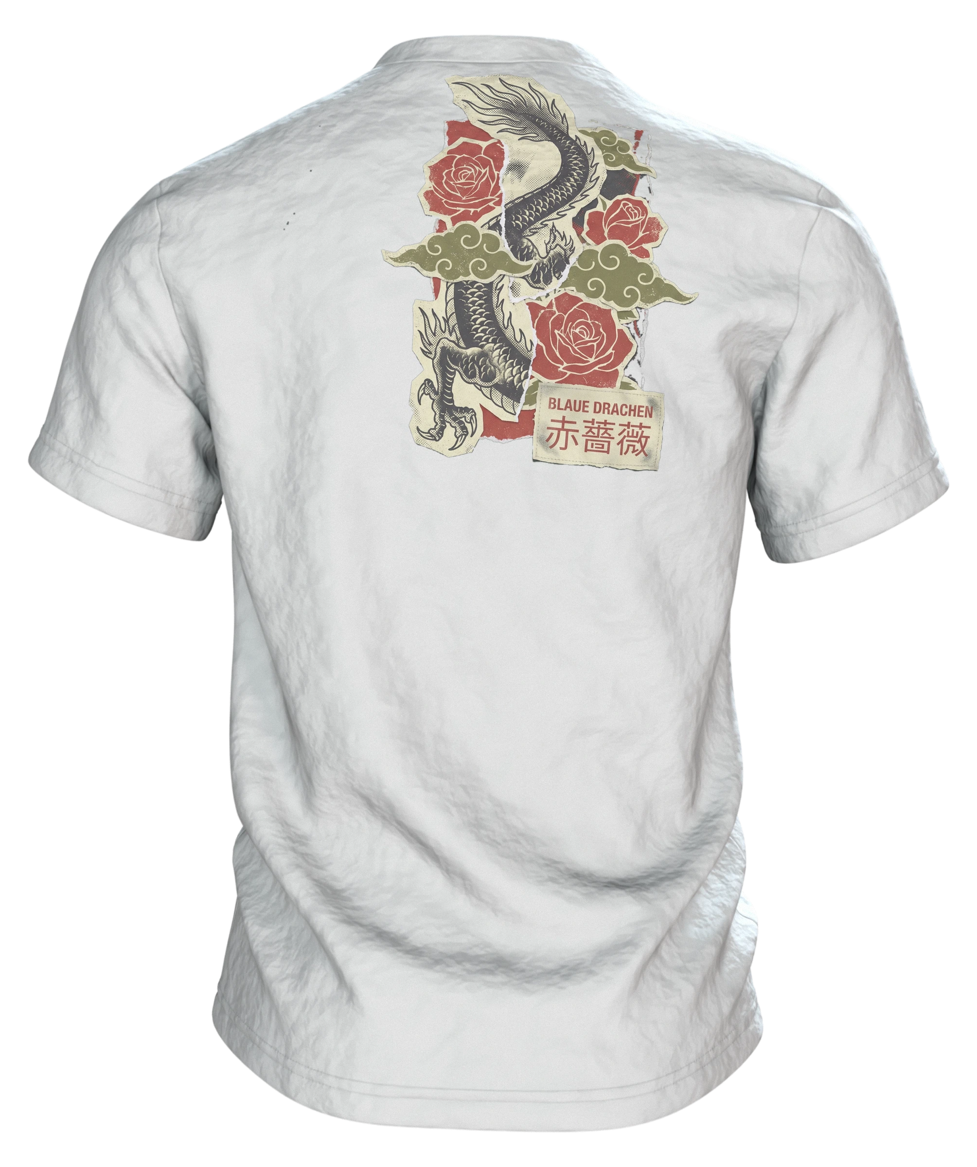 "Blaue Drachen Roten Rosen" T-Shirt: Asiatischer Drache im Vintage-Print, Rückseite
