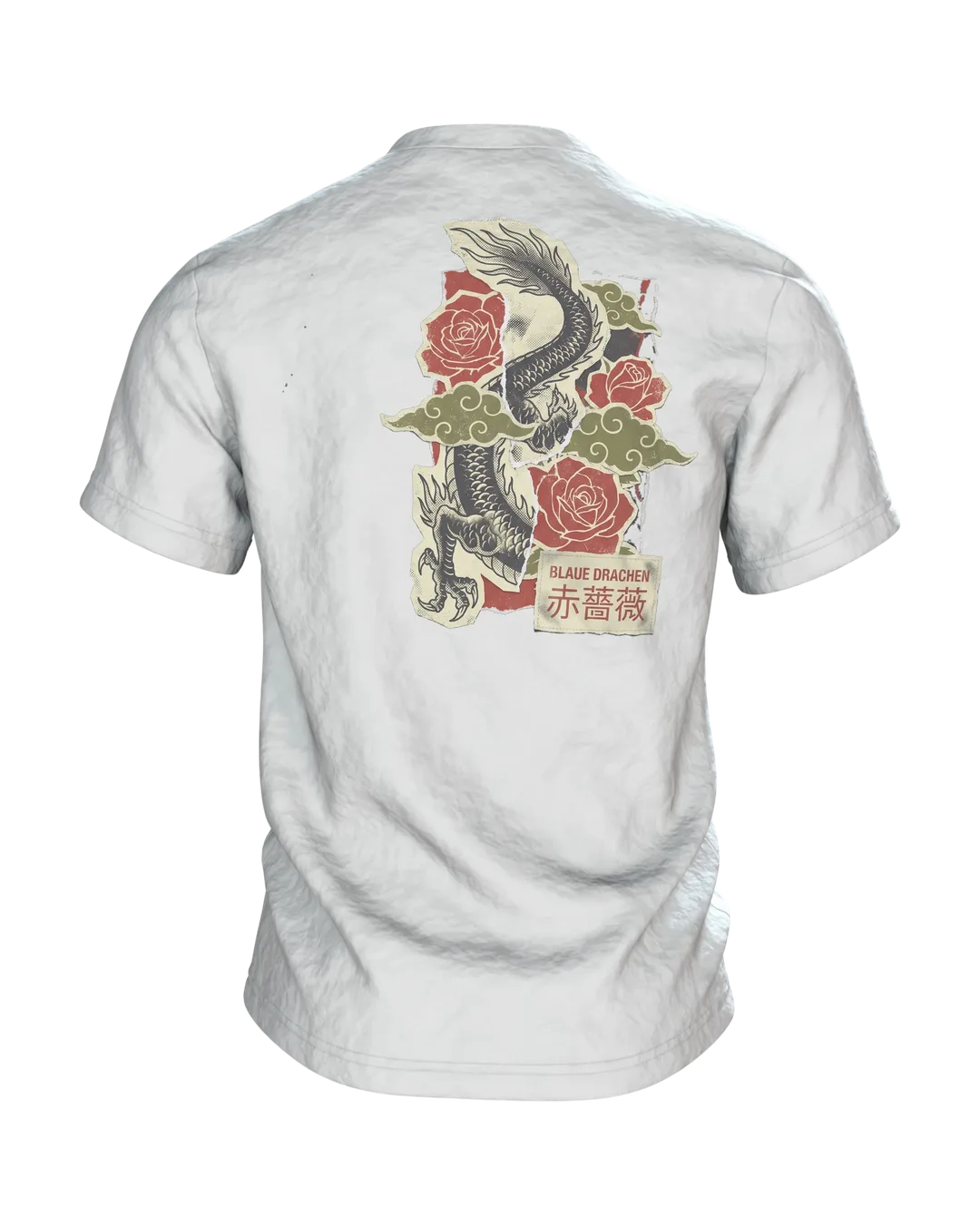 "Blaue Drachen Roten Rosen" T-Shirt: Asiatischer Drache im Vintage-Print, Rückseite
