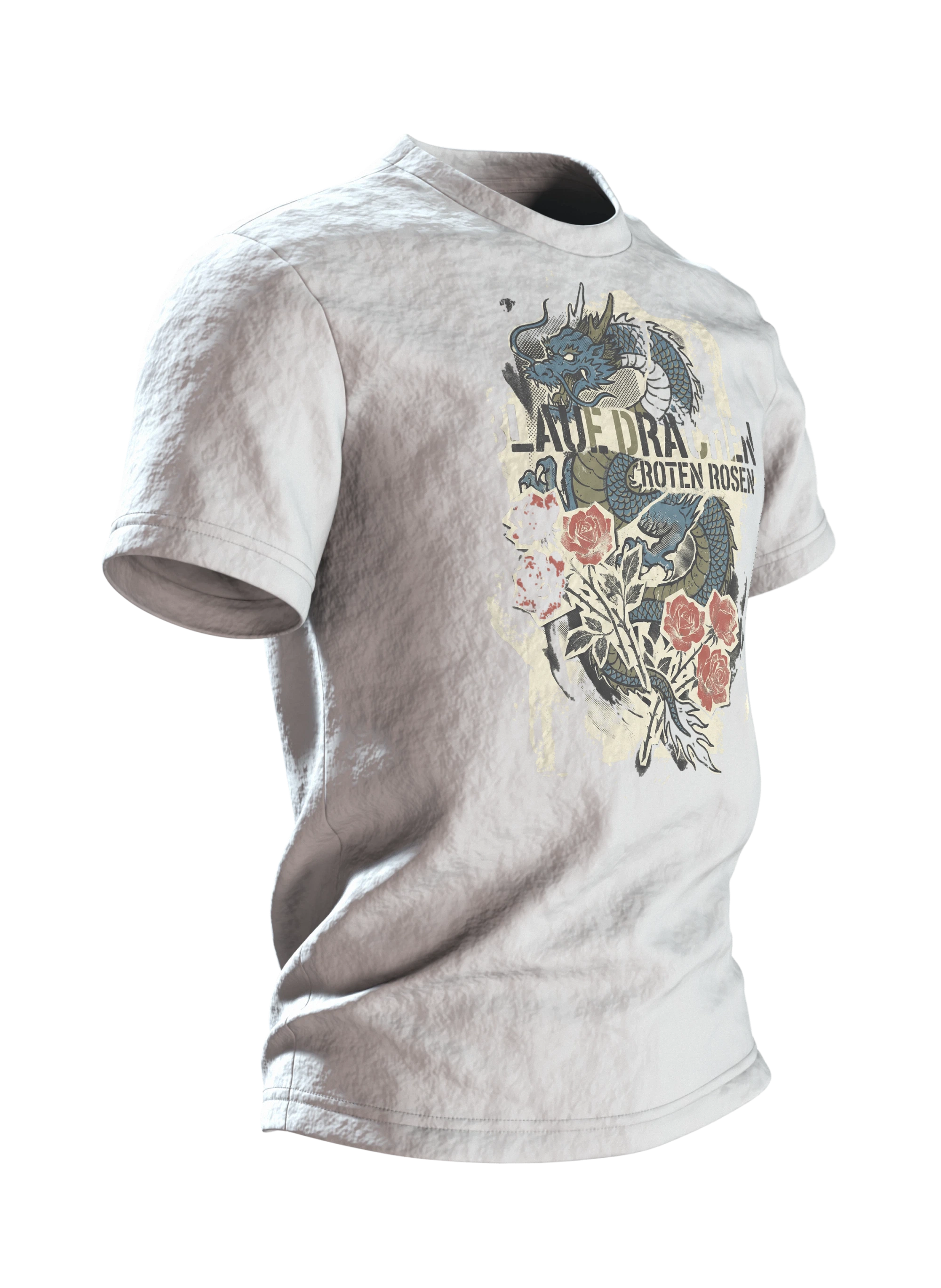 "Blaue Drachen Roten Rosen" T-Shirt: Asiatischer Drache im Vintage-Print, Seitenansicht links