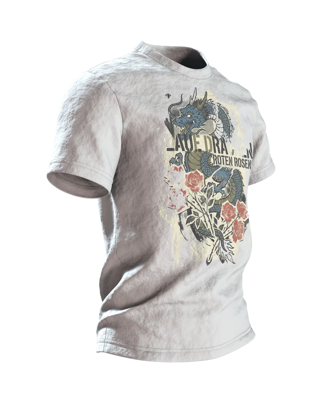 "Blaue Drachen Roten Rosen" T-Shirt: Asiatischer Drache im Vintage-Print, Seitenansicht links