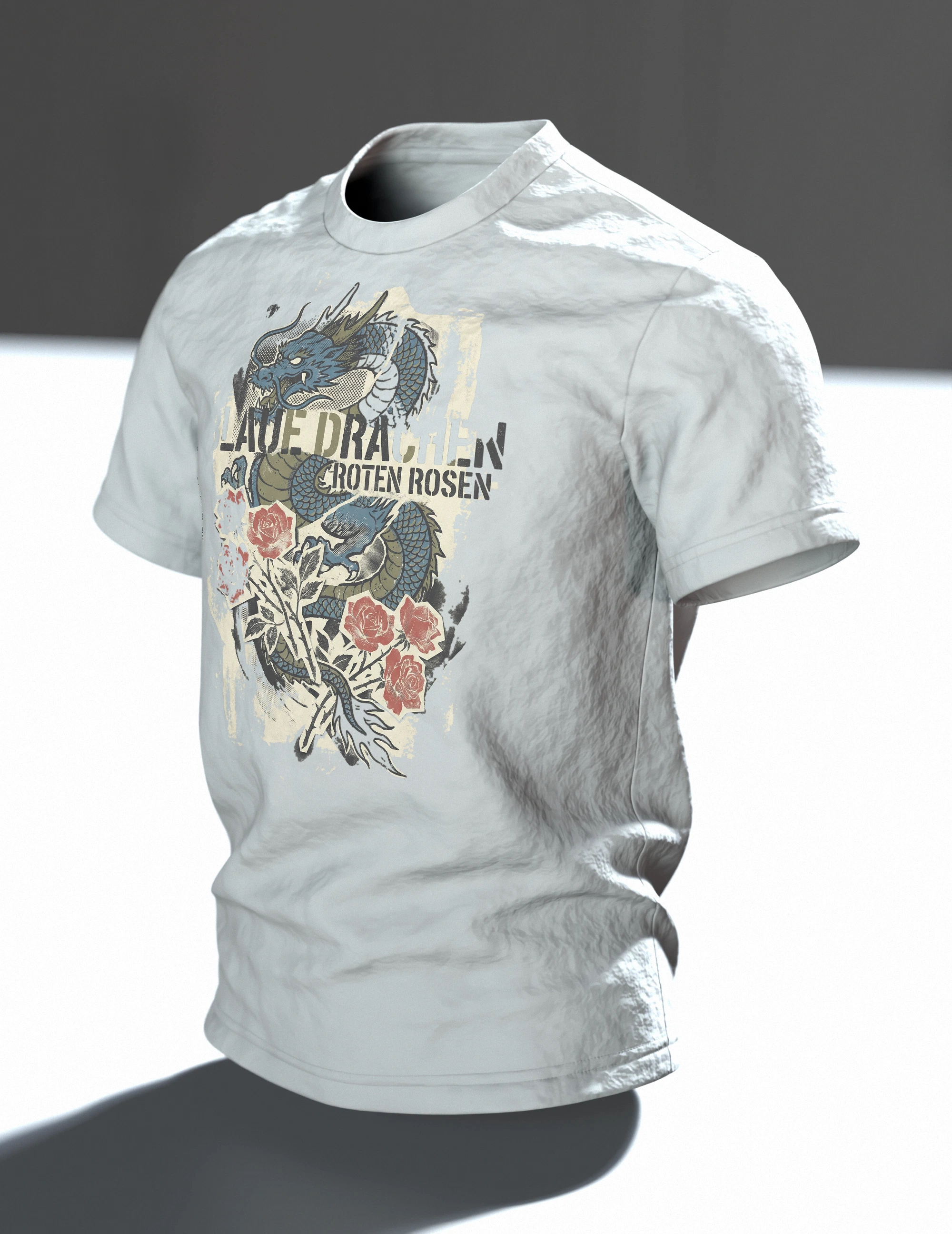 "Blaue Drachen Roten Rosen" T-Shirt: Asiatischer Drache im Vintage-Print, Im Raum, schräg