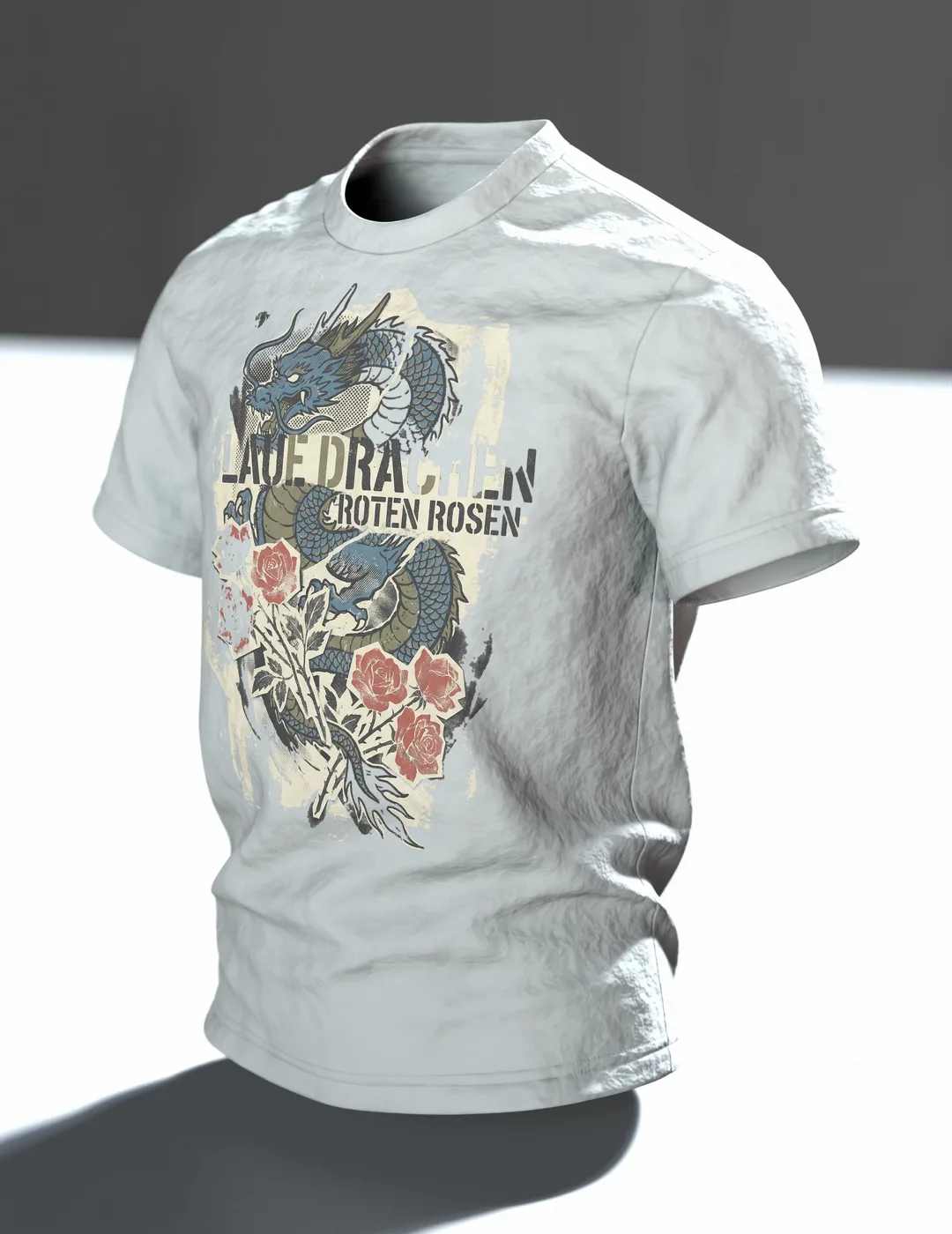 "Blaue Drachen Roten Rosen" T-Shirt: Asiatischer Drache im Vintage-Print, Im Raum, schräg