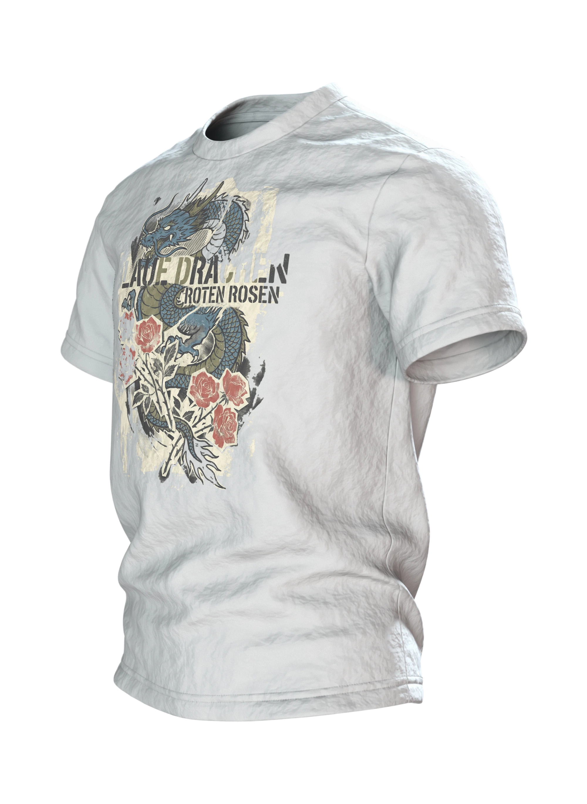 "Blaue Drachen Roten Rosen" T-Shirt: Asiatischer Drache im Vintage-Print, Seitenansicht rechts