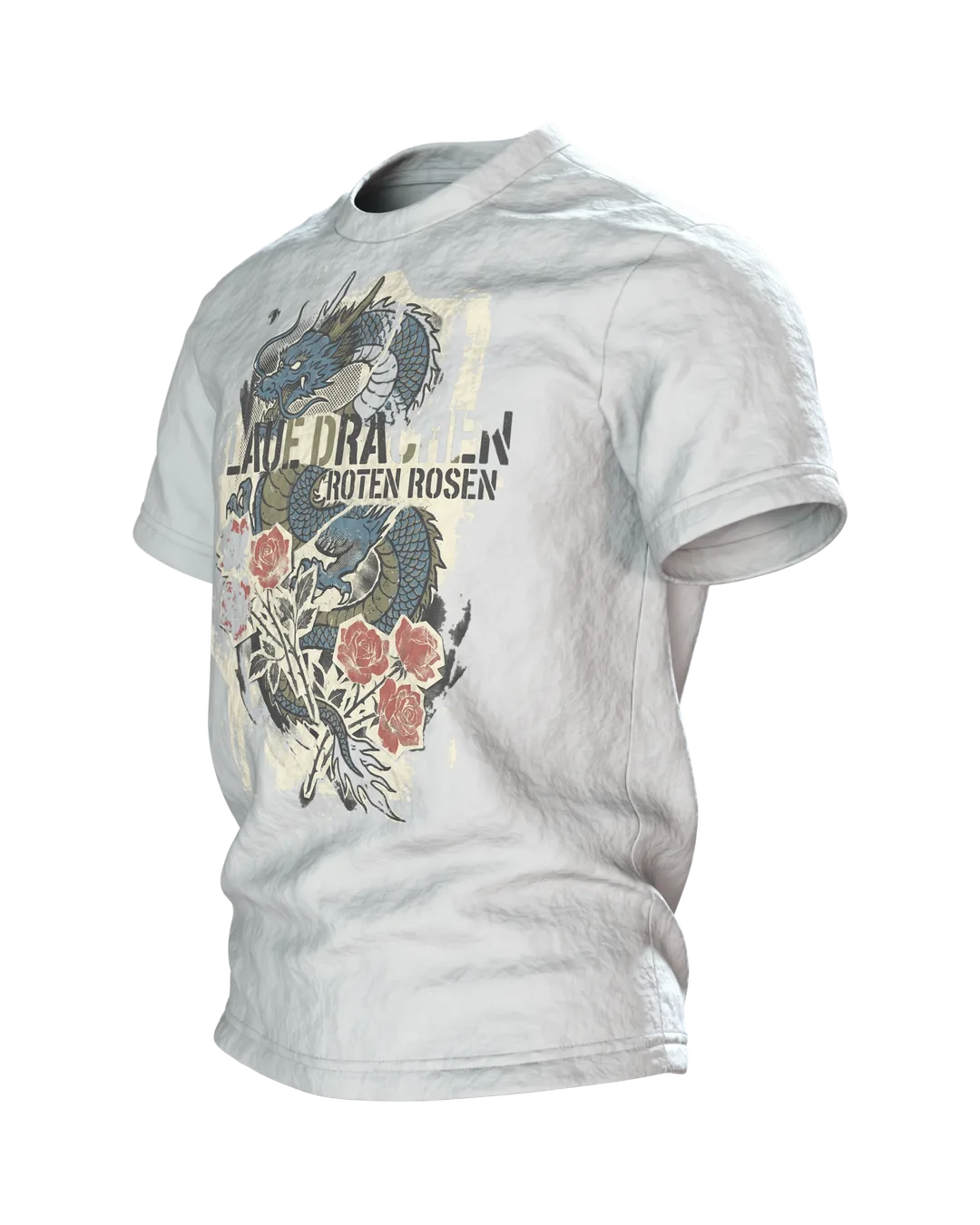 "Blaue Drachen Roten Rosen" T-Shirt: Asiatischer Drache im Vintage-Print, Seitenansicht rechts