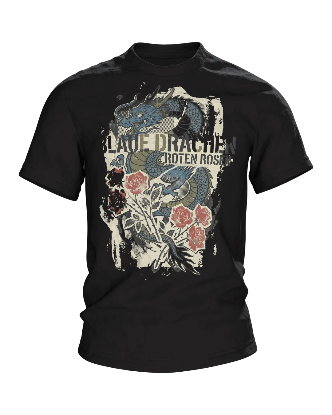 "Blaue Drachen Roten Rosen" T-Shirt: Asiatischer Drache im Vintage-Print