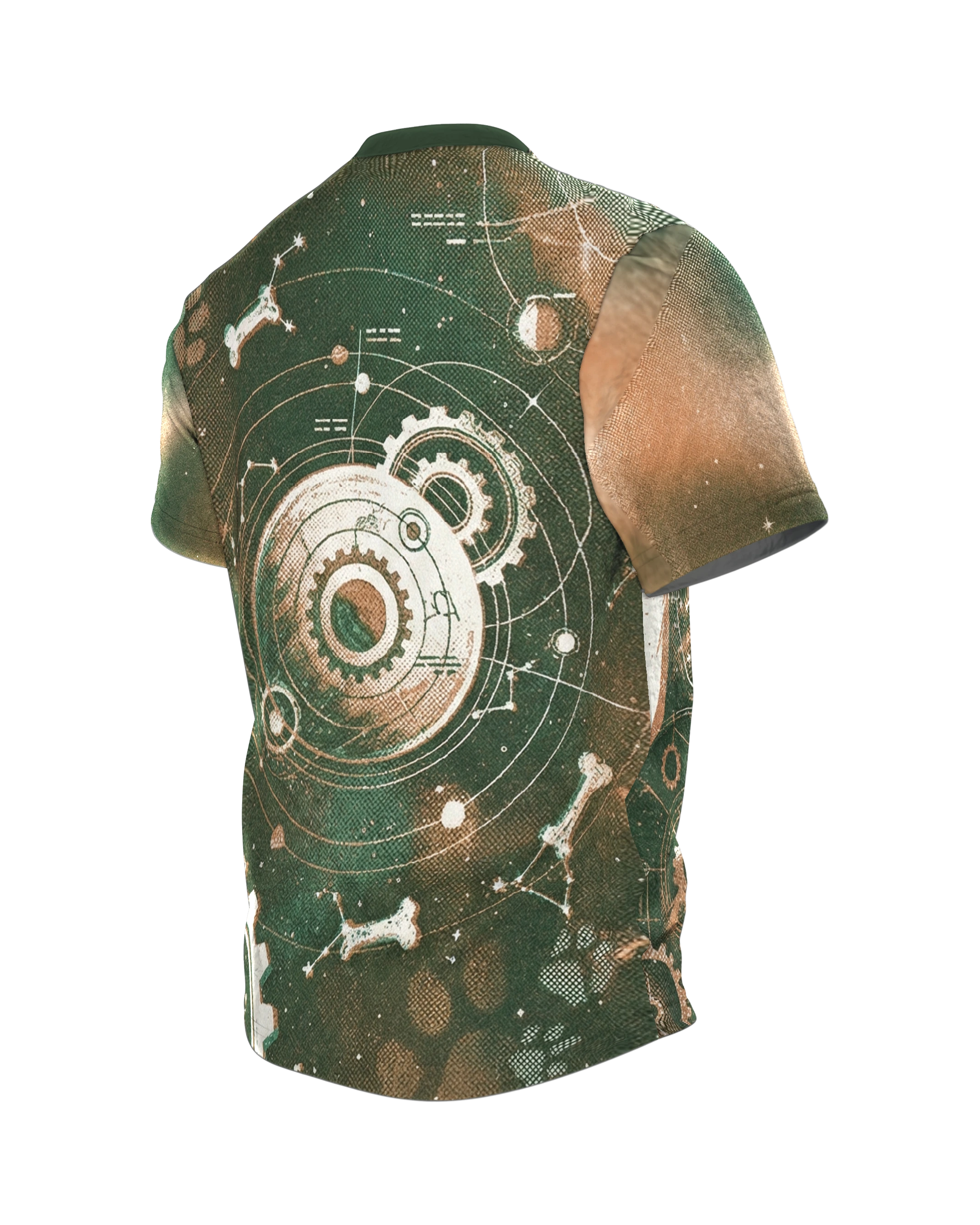 Sternenhund T-Shirt, Hund vor Galaxie mit Knochen-Sternbildern, Zahnrad-Planeten am Rücken, Rückseite schräg links