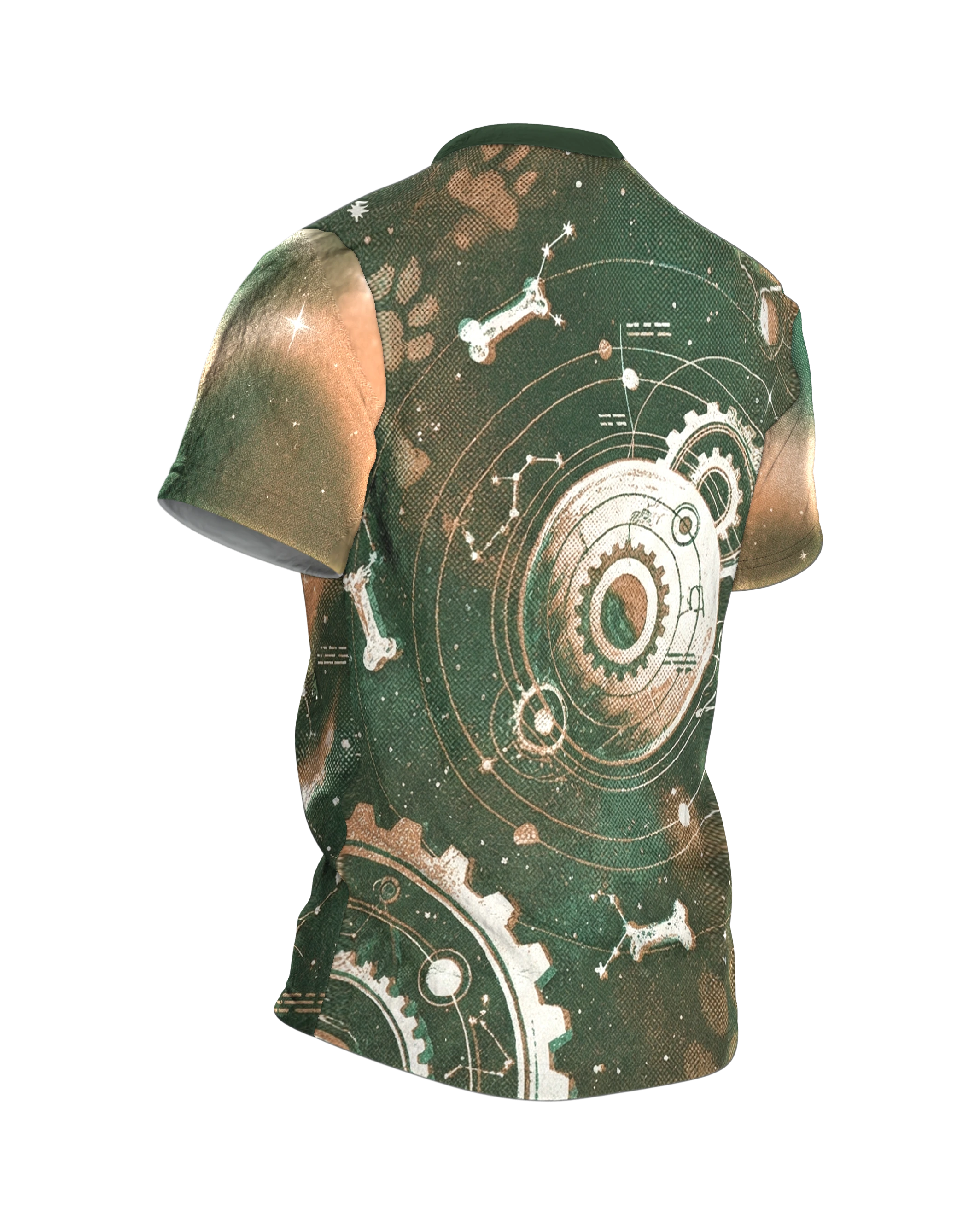 Sternenhund T-Shirt, Hund vor Galaxie mit Knochen-Sternbildern, Zahnrad-Planeten am Rücken, Rückseite schräg rechts