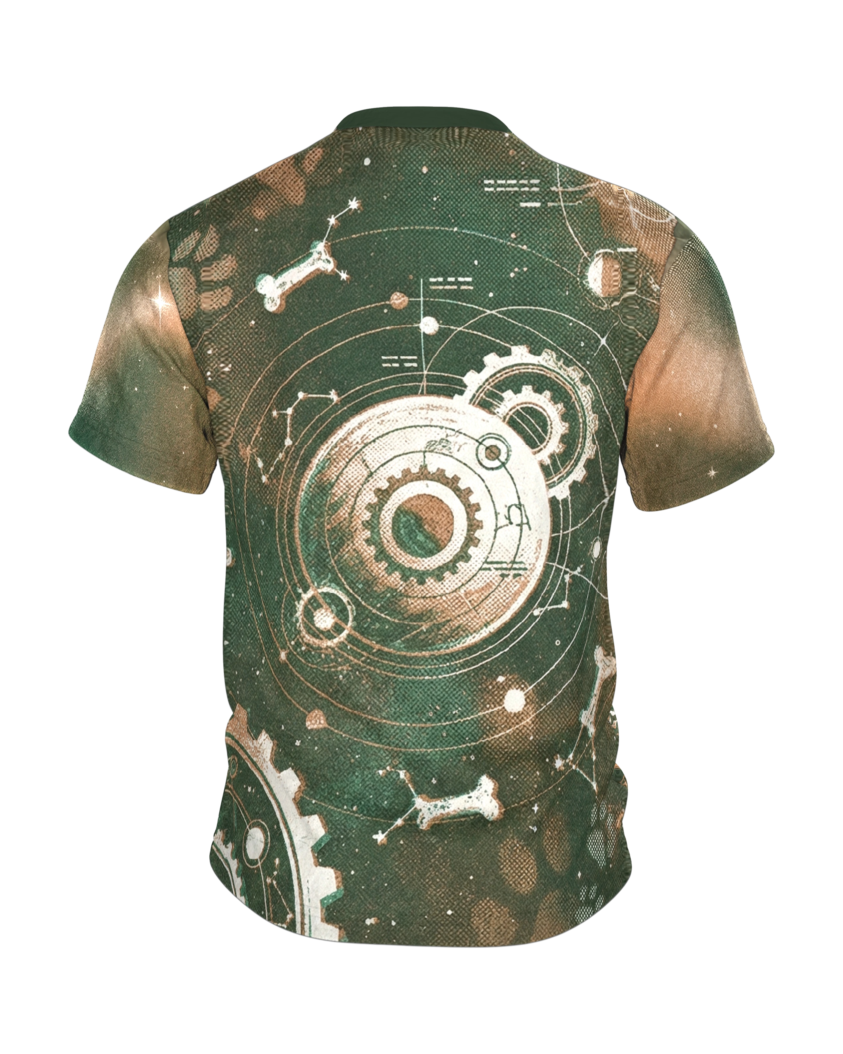 Sternenhund T-Shirt, Hund vor Galaxie mit Knochen-Sternbildern, Zahnrad-Planeten am Rücken, Rückseite