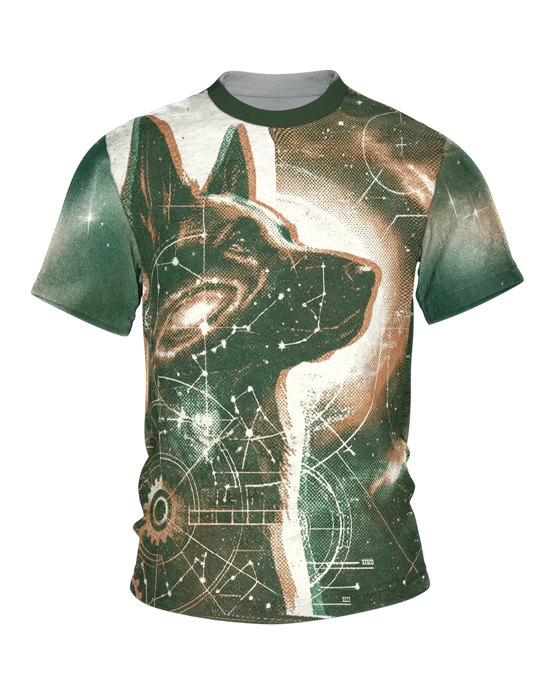 Sternenhund T-Shirt, Hund vor Galaxie mit Knochen-Sternbildern, Zahnrad-Planeten am Rücken