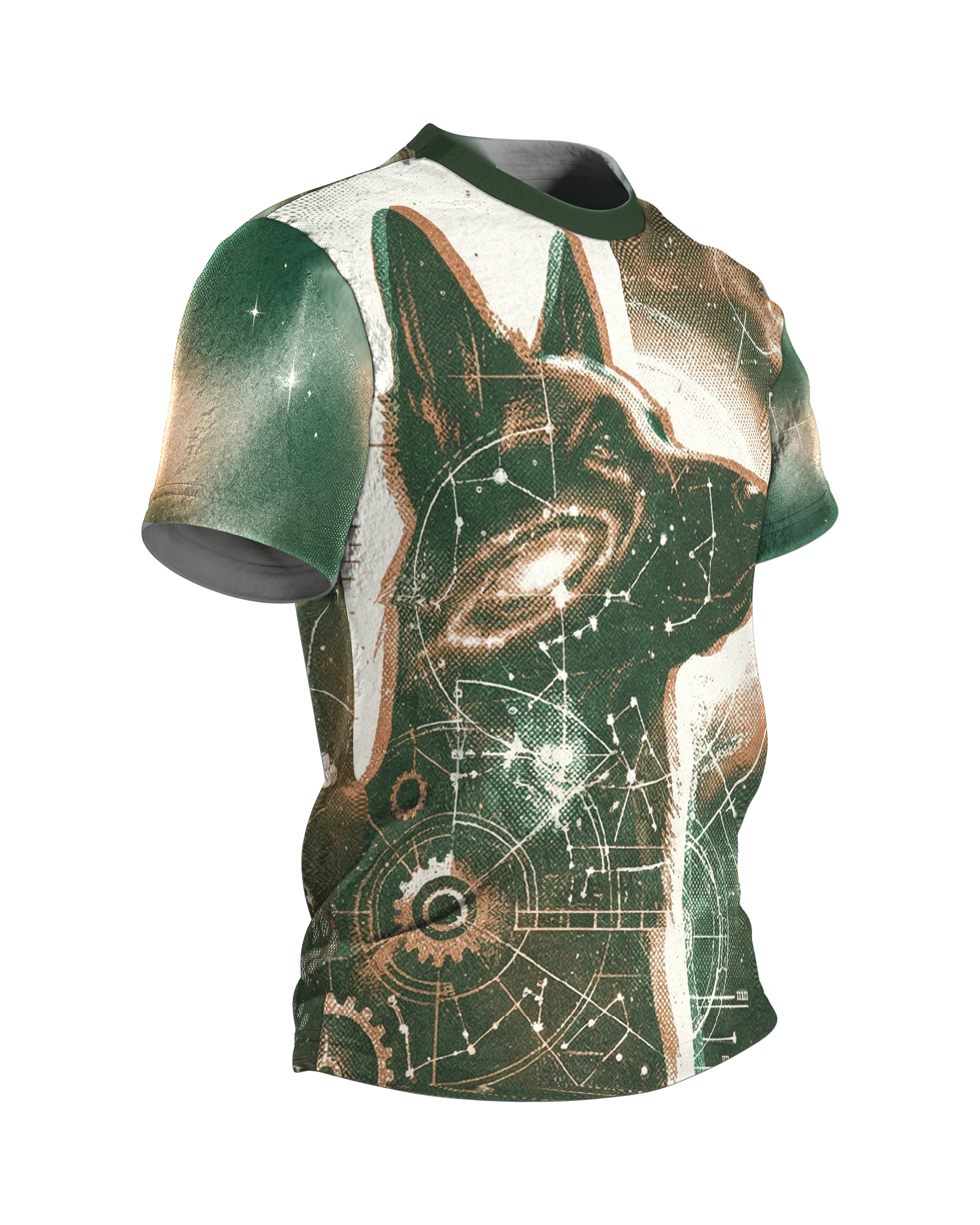 Sternenhund T-Shirt, Hund vor Galaxie mit Knochen-Sternbildern, Zahnrad-Planeten am Rücken, Seitenansicht links