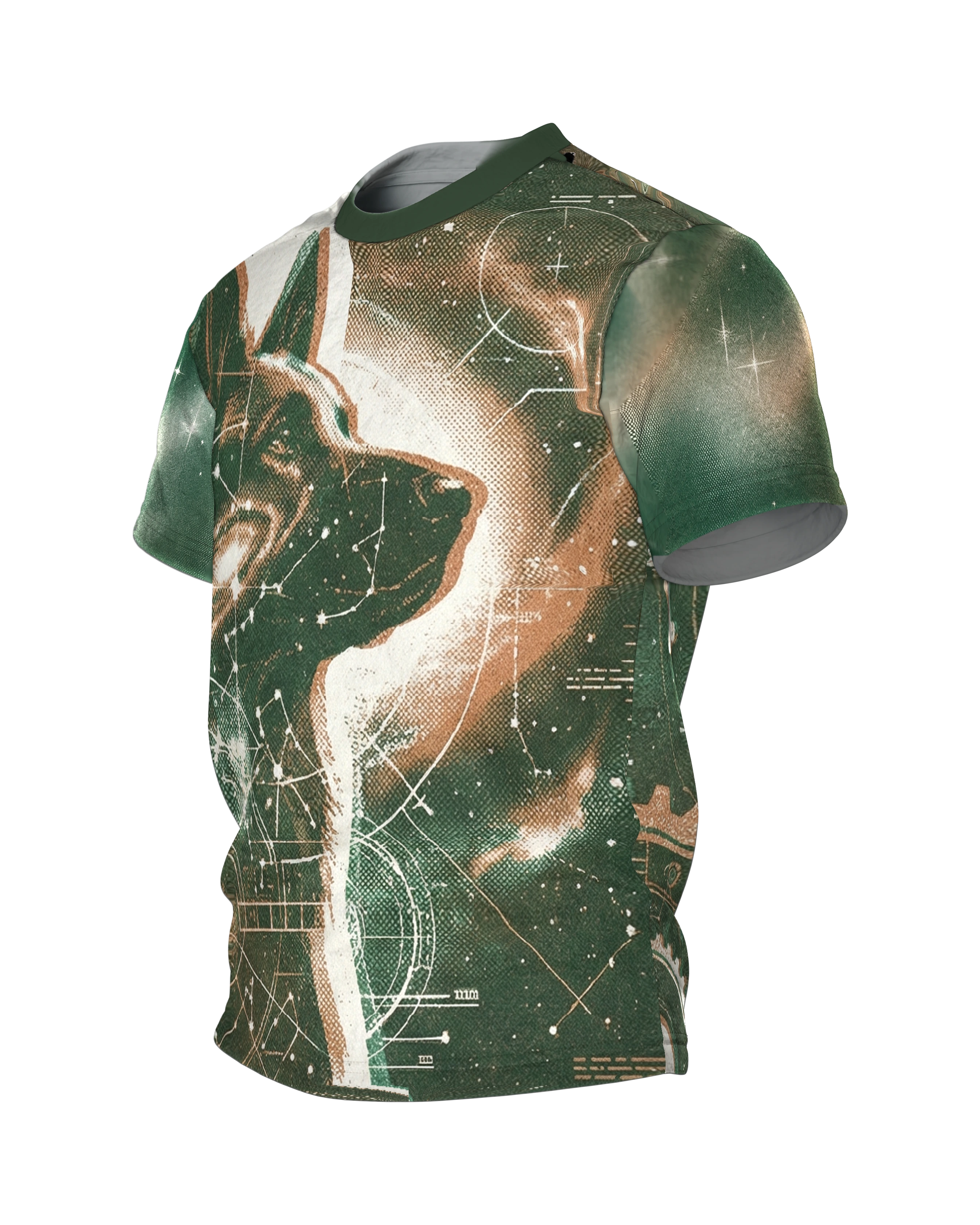 Sternenhund T-Shirt, Hund vor Galaxie mit Knochen-Sternbildern, Zahnrad-Planeten am Rücken, Seitenansicht rechts