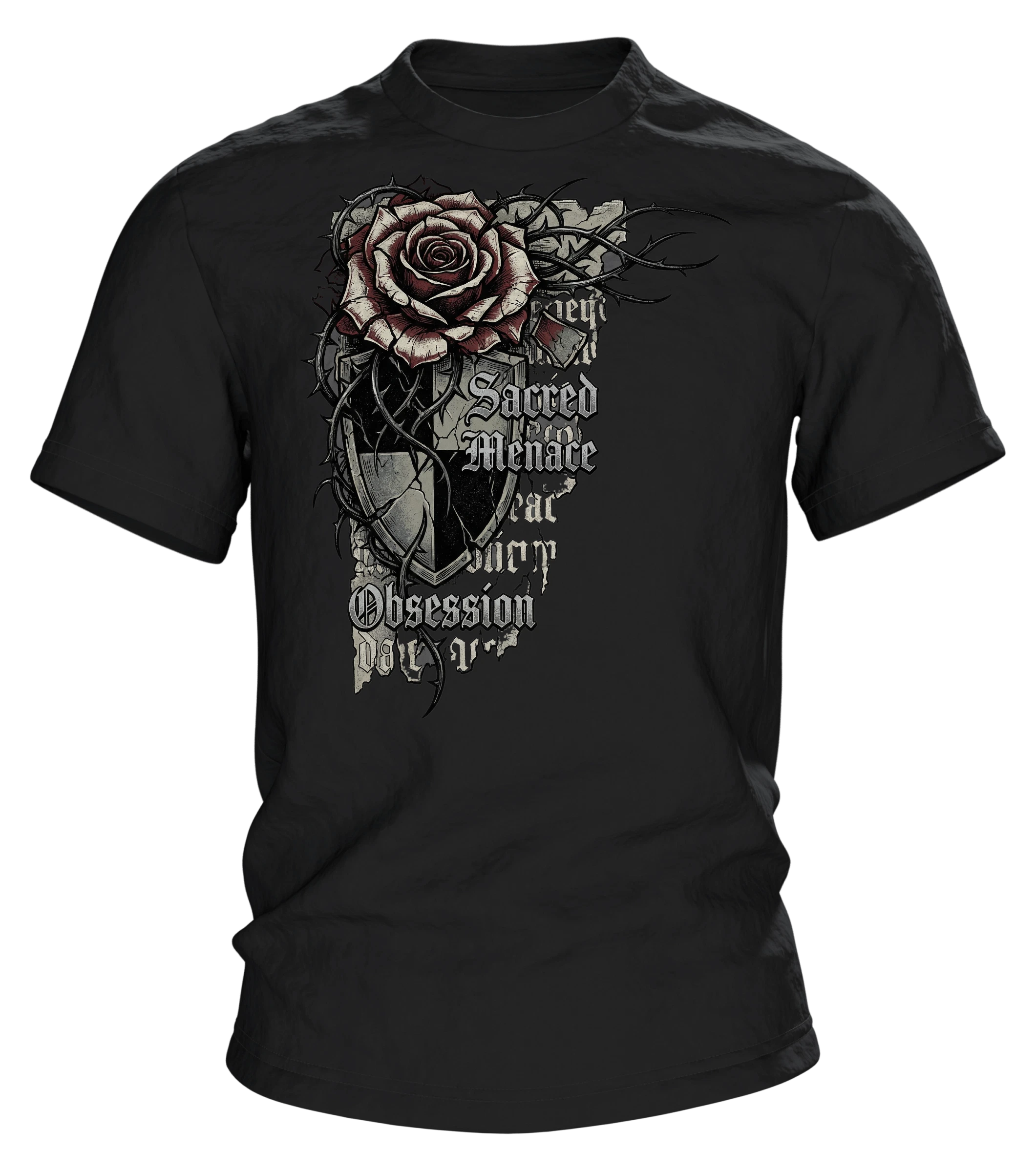 Gothic Dornenrose T-Shirt mit Wappenschild und Fraktur-Zeilen "Sacred Menace Obsession"