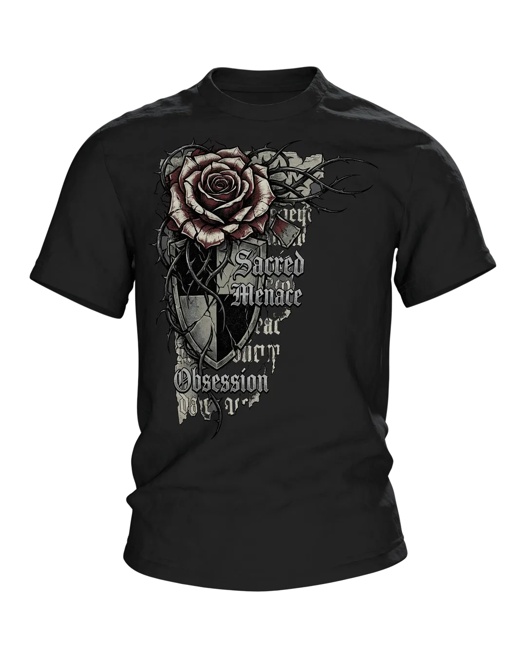 Gothic Dornenrose T-Shirt mit Wappenschild und Fraktur-Zeilen "Sacred Menace Obsession"