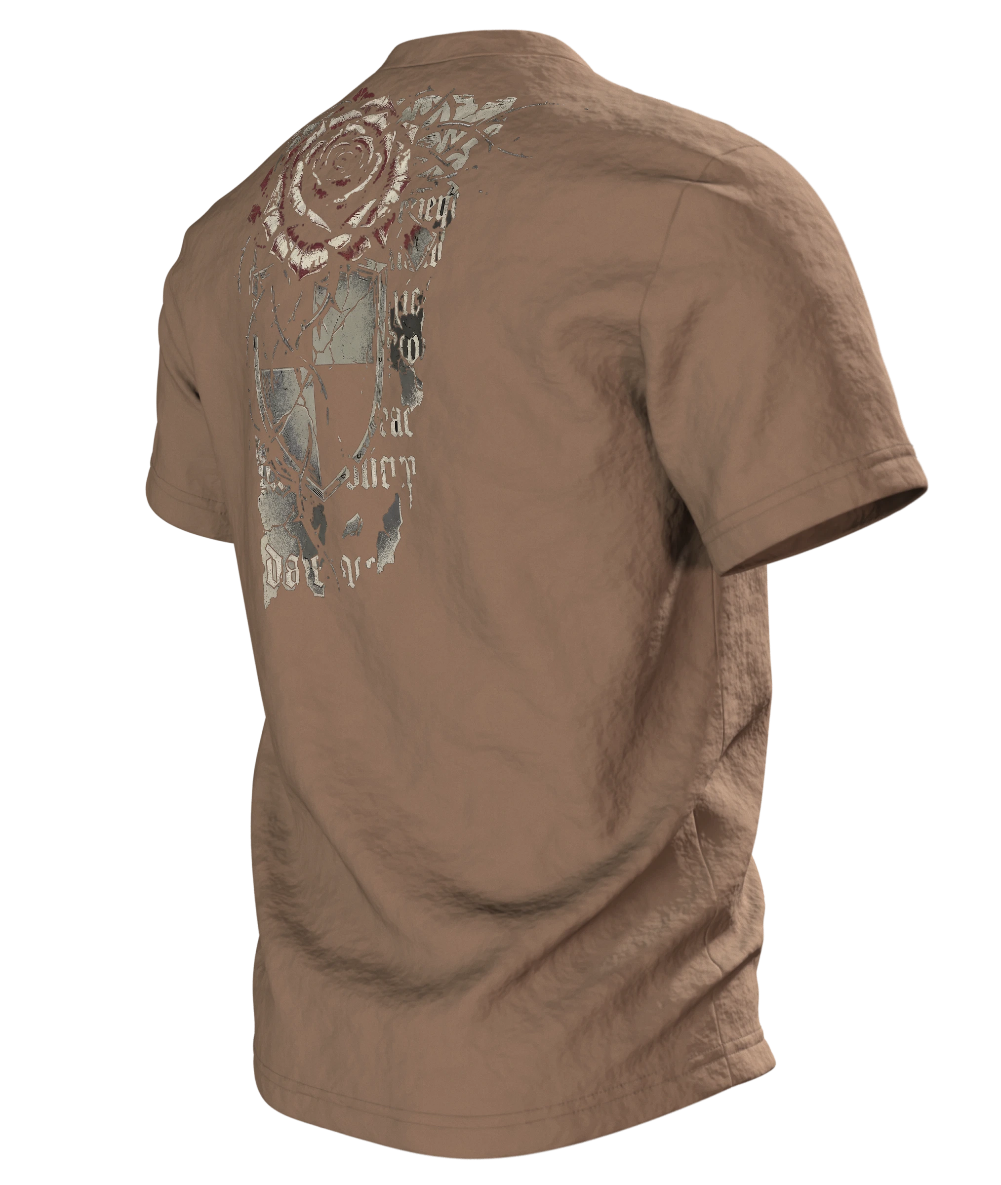 Gothic Dornenrose T-Shirt mit Wappenschild und Fraktur-Zeilen "Sacred Menace Obsession", Rückseite schräg links