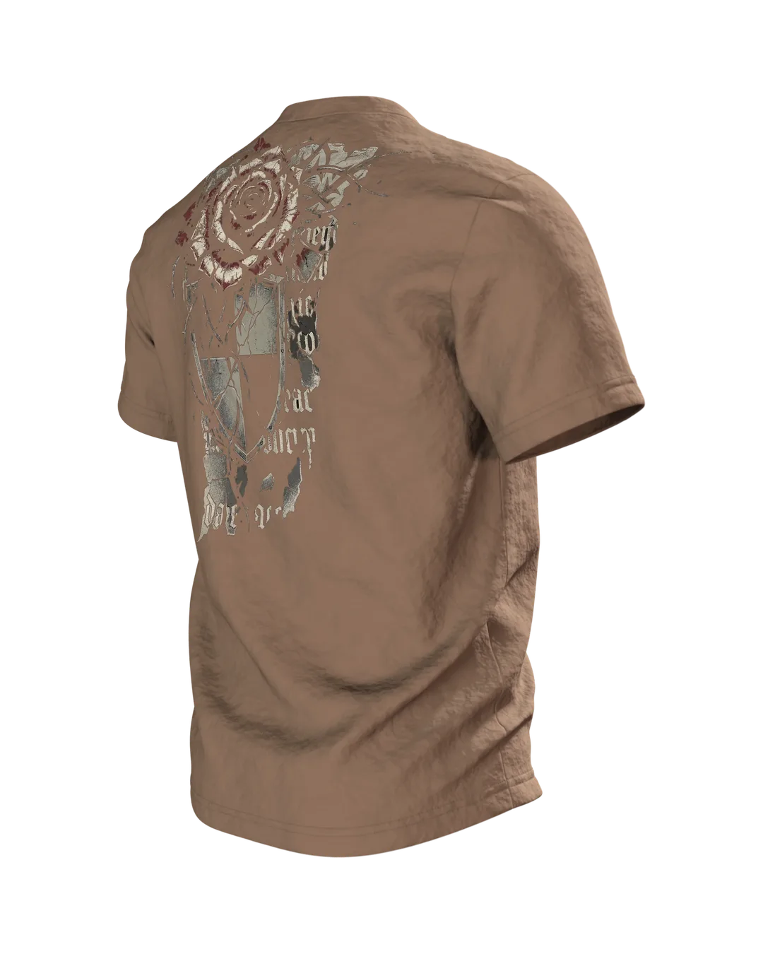 Gothic Dornenrose T-Shirt mit Wappenschild und Fraktur-Zeilen "Sacred Menace Obsession", Rückseite schräg links