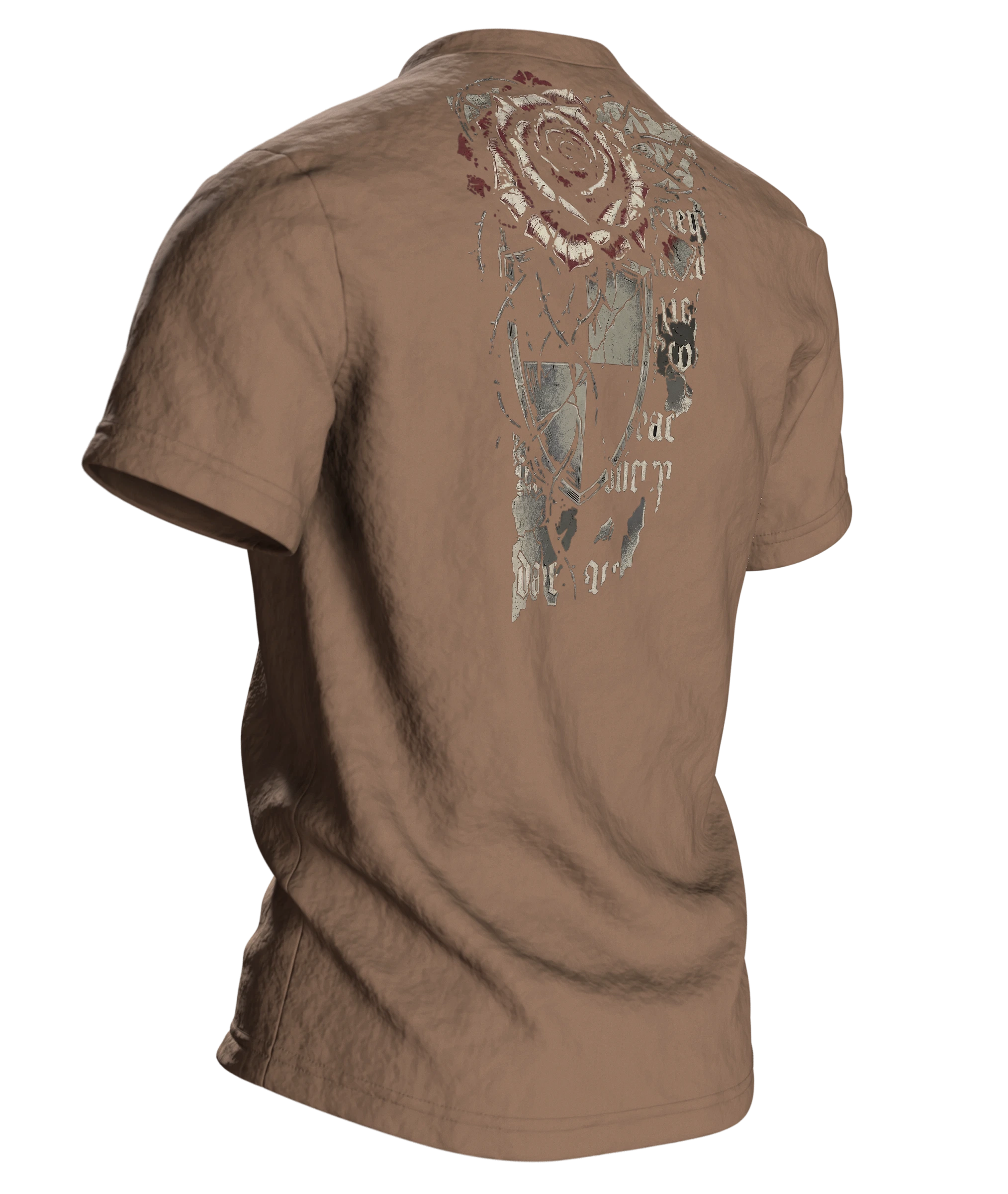 Gothic Dornenrose T-Shirt mit Wappenschild und Fraktur-Zeilen "Sacred Menace Obsession", Rückseite schräg rechts