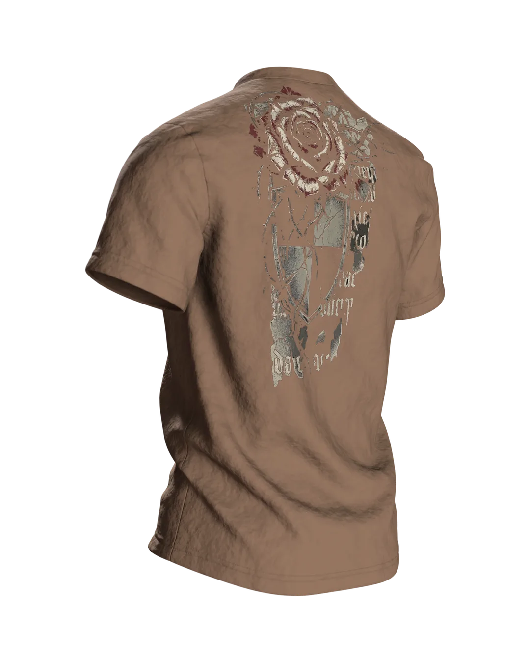 Gothic Dornenrose T-Shirt mit Wappenschild und Fraktur-Zeilen "Sacred Menace Obsession", Rückseite schräg rechts