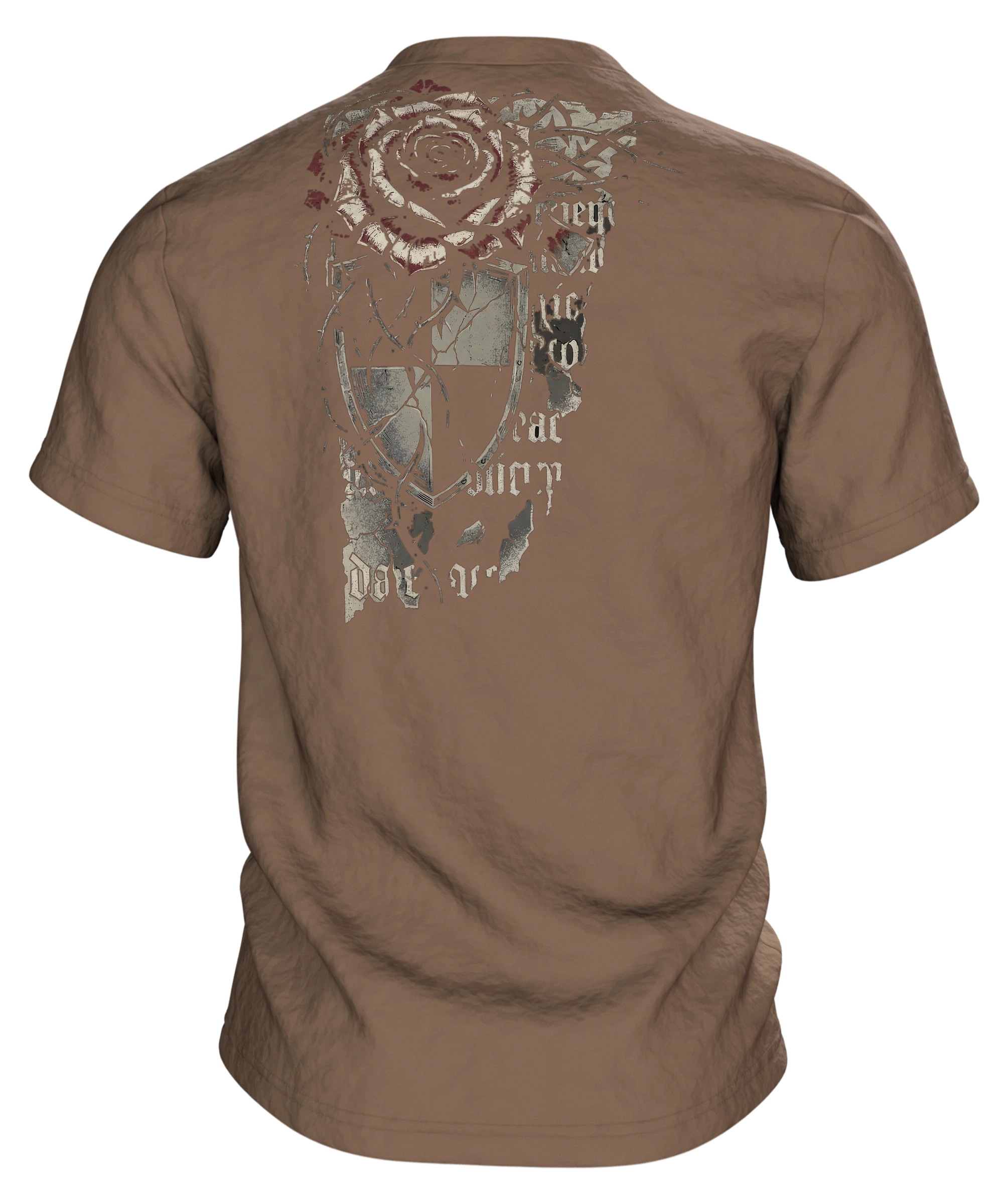 Gothic Dornenrose T-Shirt mit Wappenschild und Fraktur-Zeilen "Sacred Menace Obsession", Rückseite