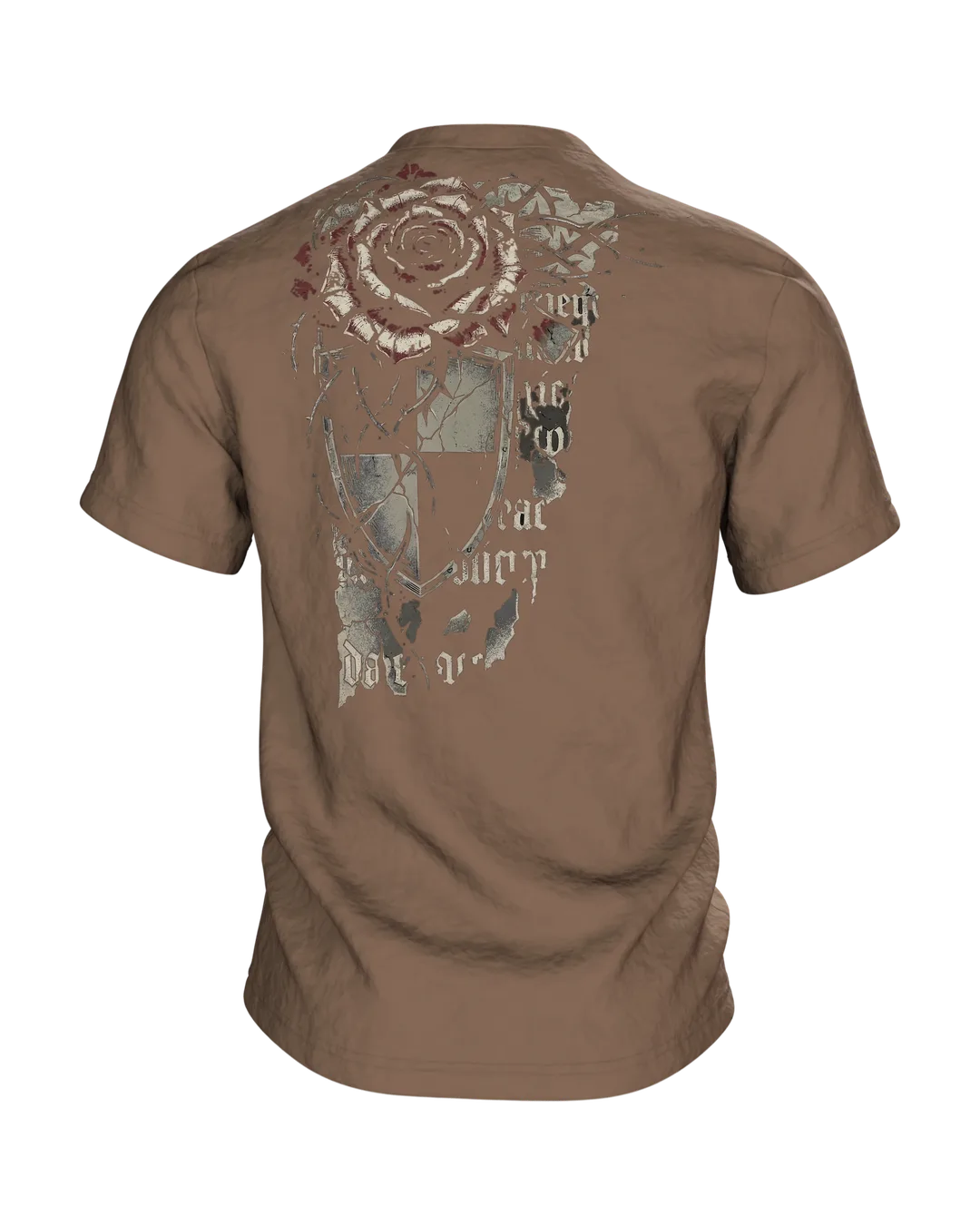 Gothic Dornenrose T-Shirt mit Wappenschild und Fraktur-Zeilen "Sacred Menace Obsession", Rückseite