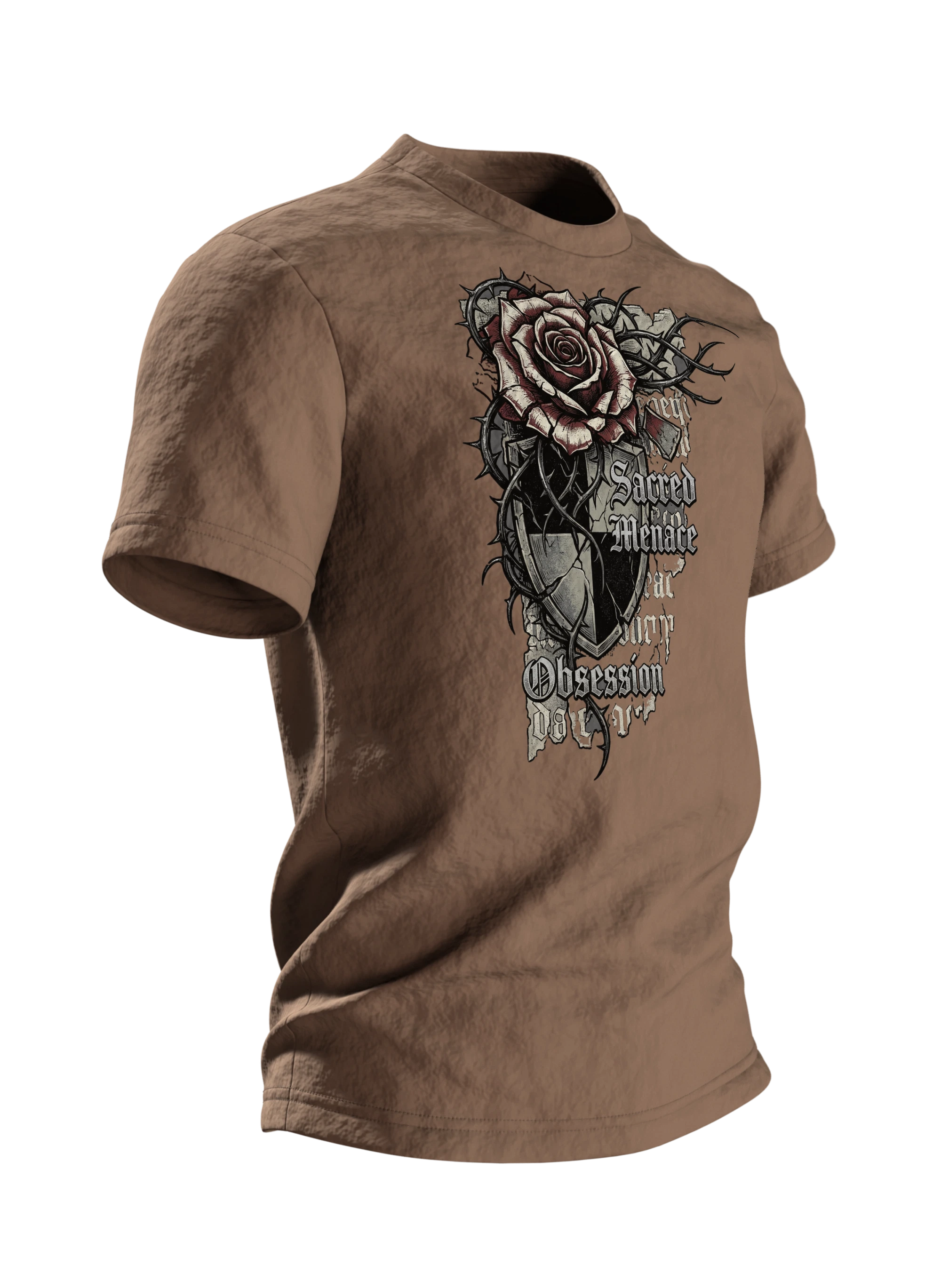 Gothic Dornenrose T-Shirt mit Wappenschild und Fraktur-Zeilen "Sacred Menace Obsession", Seitenansicht links