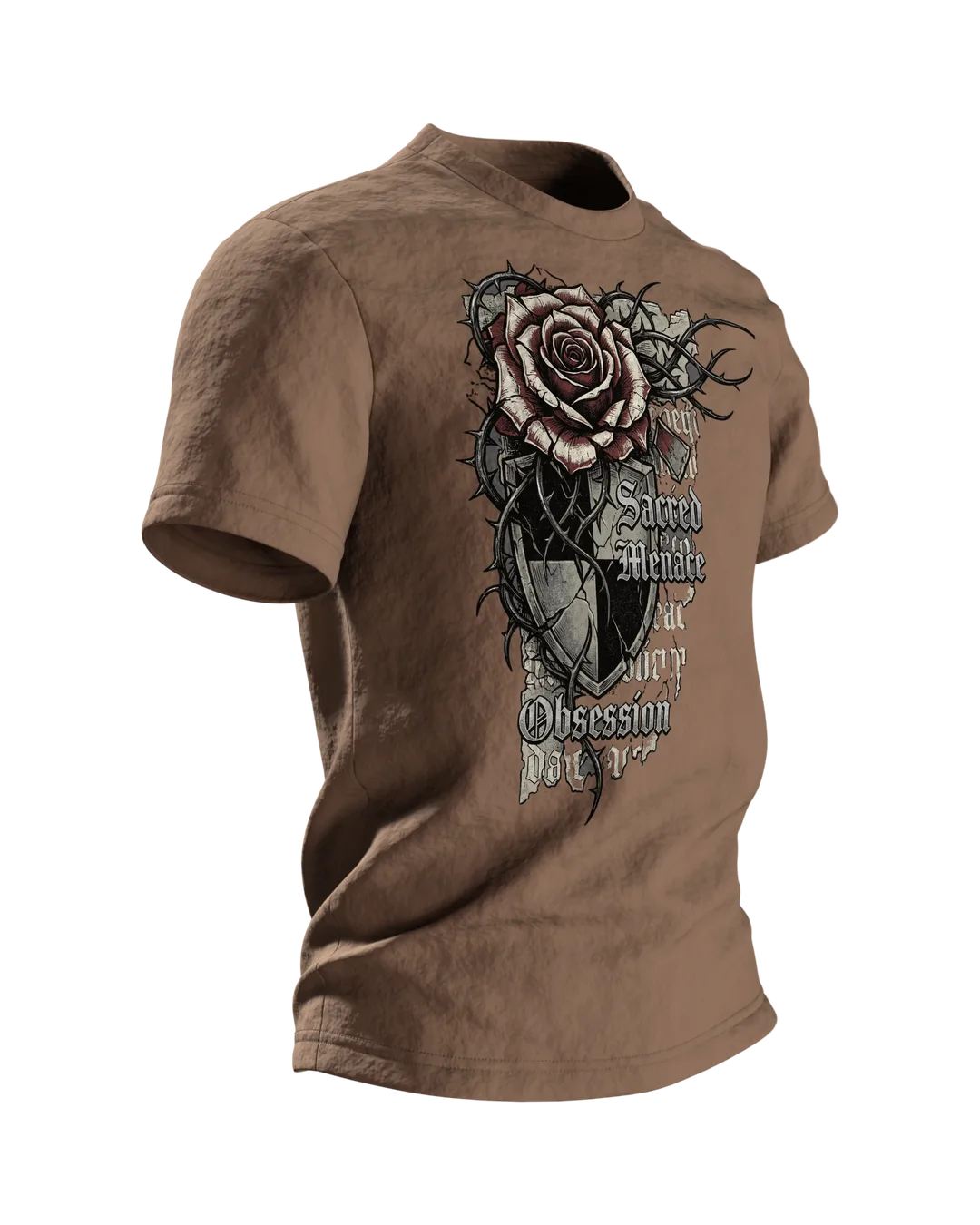 Gothic Dornenrose T-Shirt mit Wappenschild und Fraktur-Zeilen "Sacred Menace Obsession", Seitenansicht links