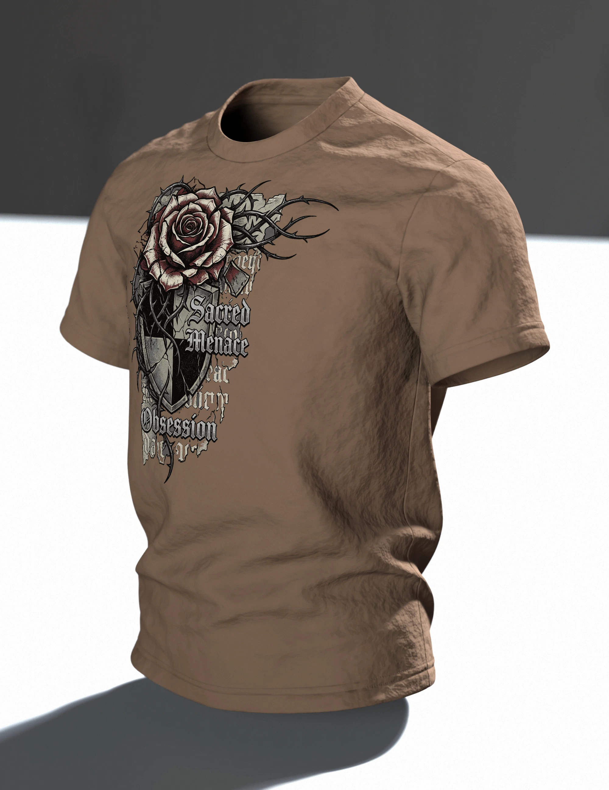 Gothic Dornenrose T-Shirt mit Wappenschild und Fraktur-Zeilen "Sacred Menace Obsession", Im Raum, schräg